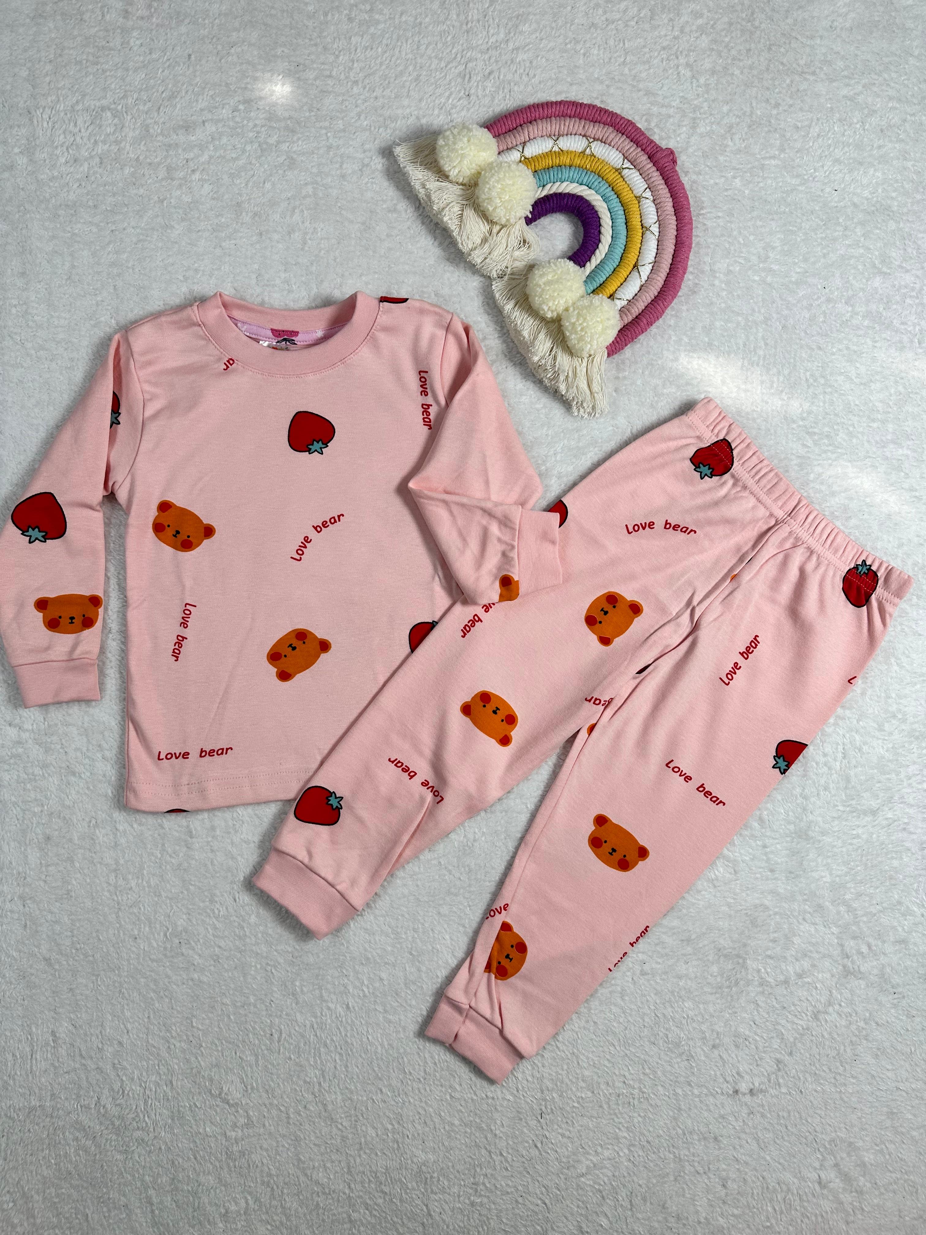 MinyKids Çilek Desen Pembe Kız Çocuk Pijama Takım