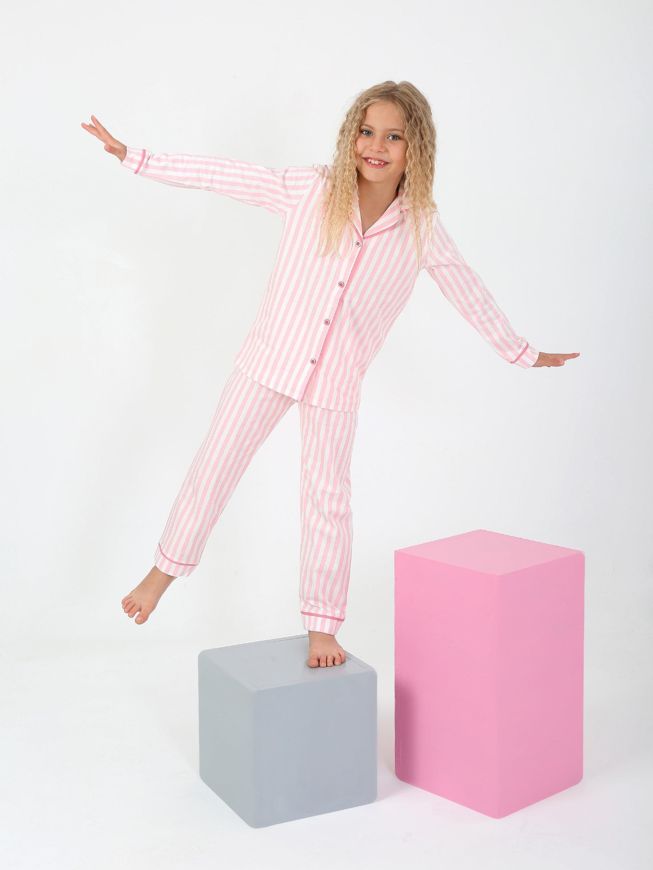 MinyKids Pembe Beyaz Çizgili Düğmeli Kız Çocuk Pijama Takım