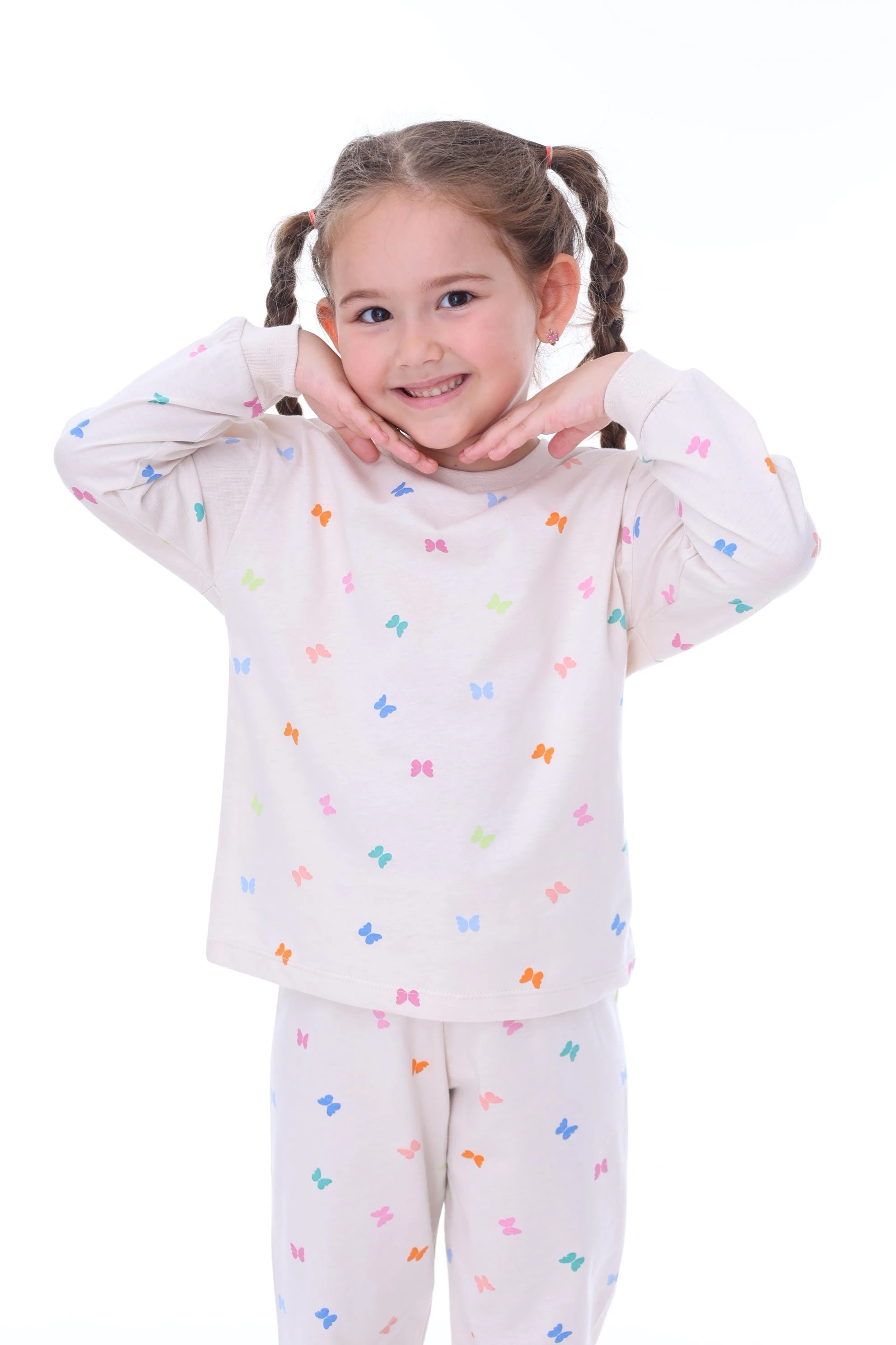 MinyKids Kelebek Desenli Krem Çocuk Pijama Takımı