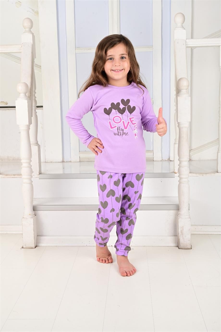 MinyKids Kalp Desen Lila Kız Çocuk Pijama Takım