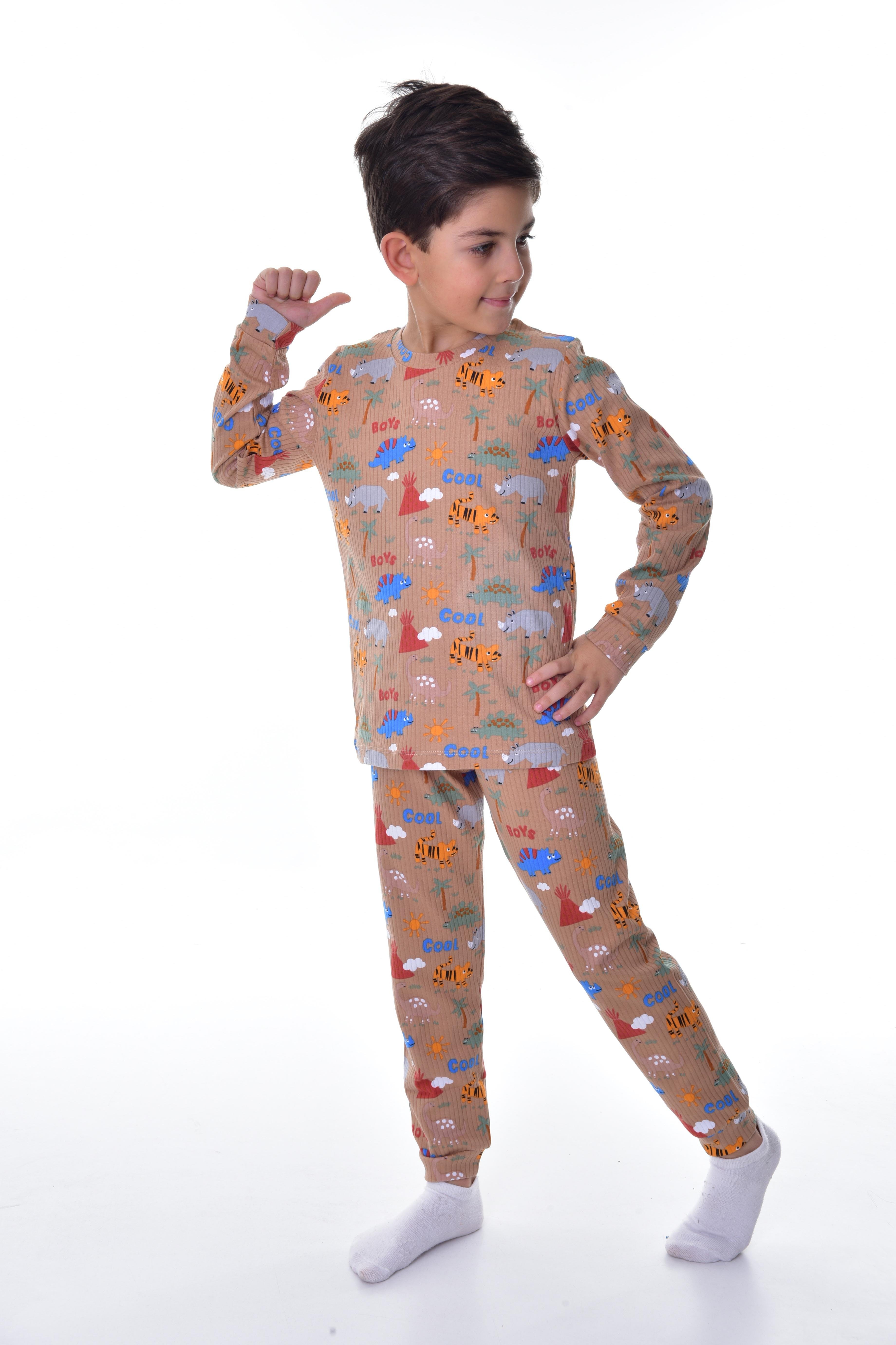 MinyKids Safari Desenli Kahverengi Fitilli Çocuk Pijama Takımı