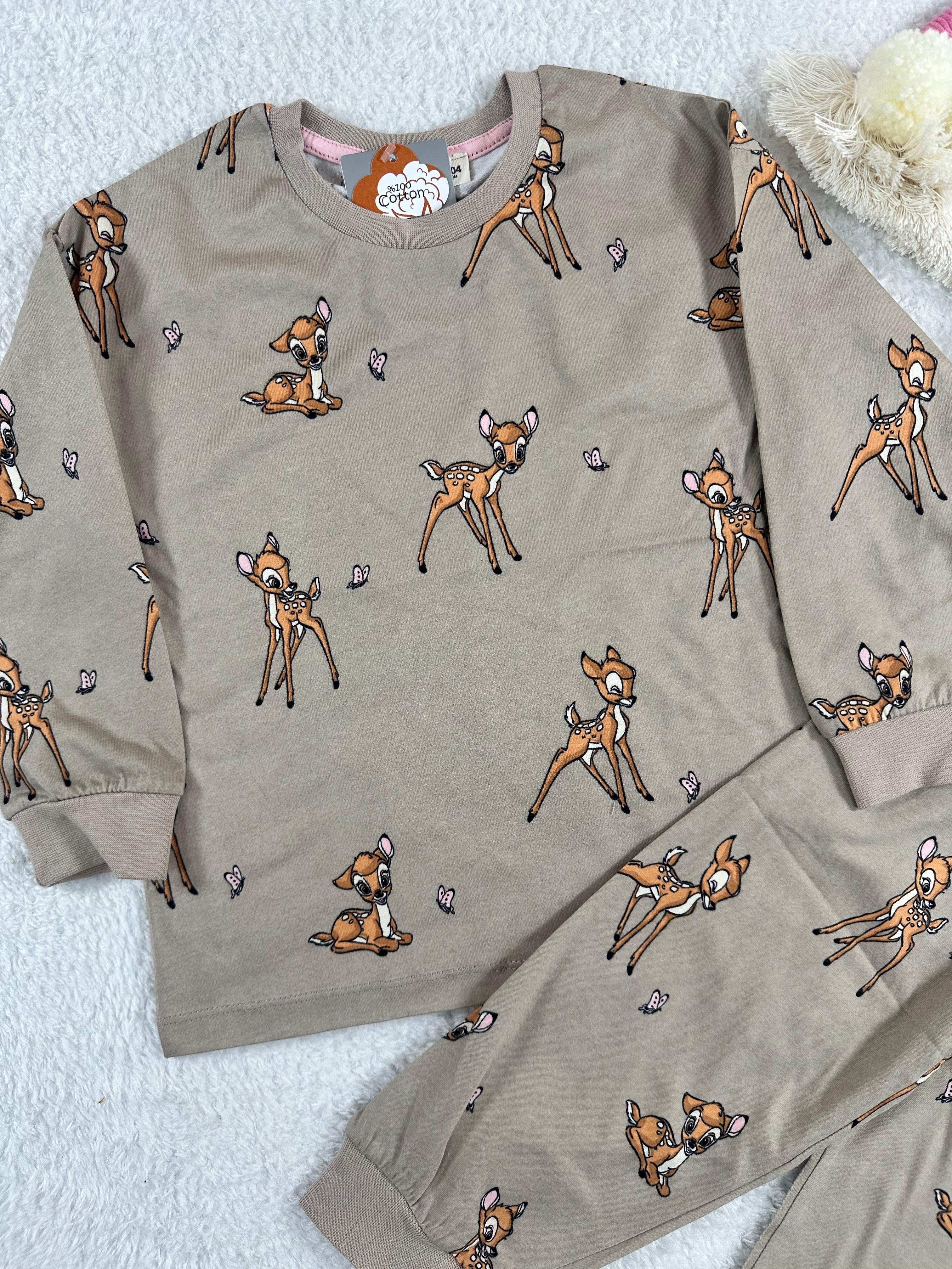 MinyKids Bambi Desen Bej Kız Çocuk Pijama Takım