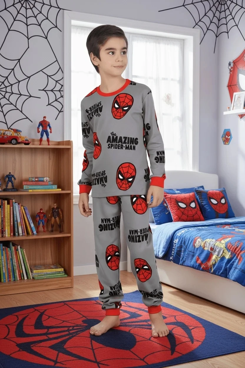 Spiderman Desen %100 Pamuk Gri-Kırmızı Erkek Çocuk Pijama Takım