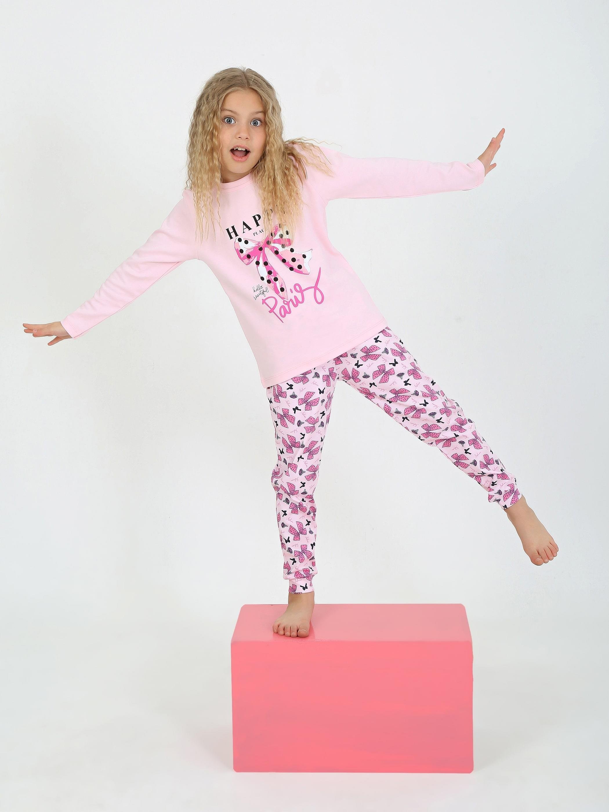 MinyKids Kurdale Desen Pembe Kız Çocuk Pijama Takım