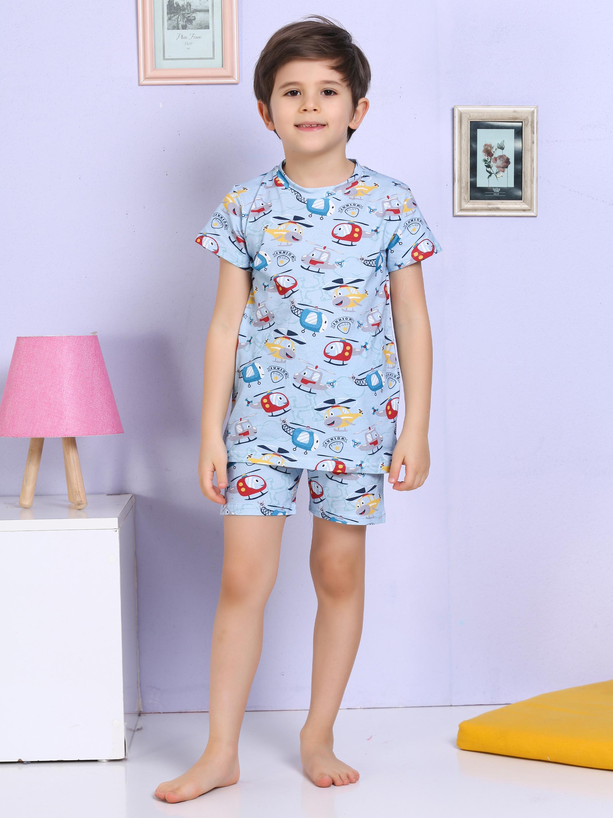 MinyKids Helikopter Desenli Şortlu Mavi Pijama Takımı