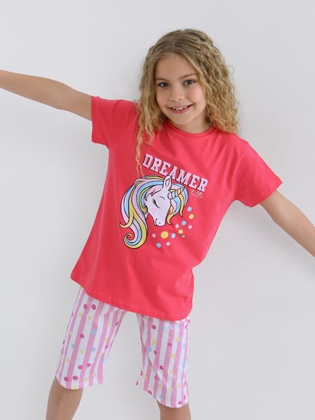 MinyKids Unicorn Desen Koyu Pembe Kapri %100 Pamuklu Kız Çocuk Pijama Takım