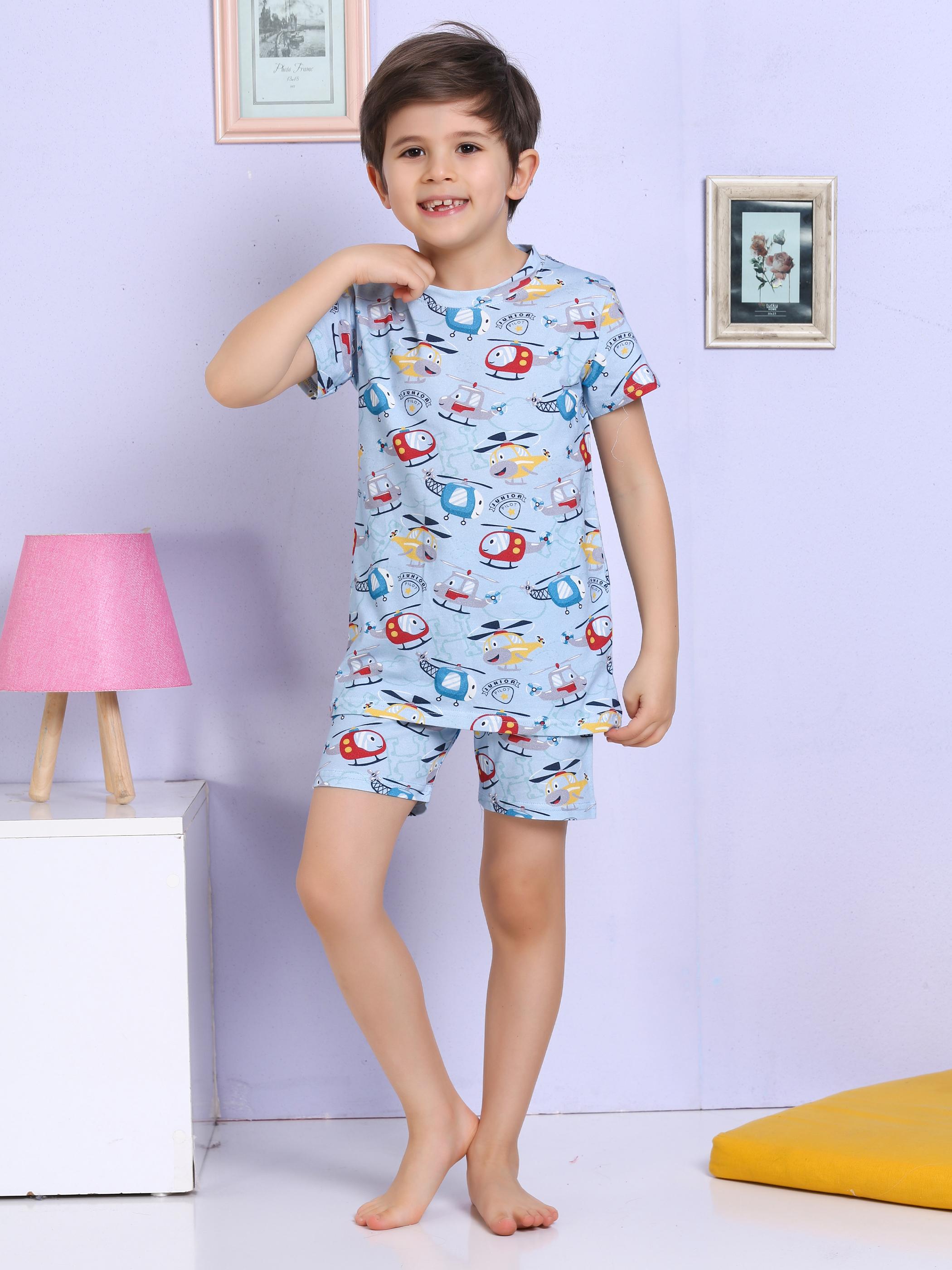 MinyKids Helikopter Desenli Şortlu Mavi Pijama Takımı