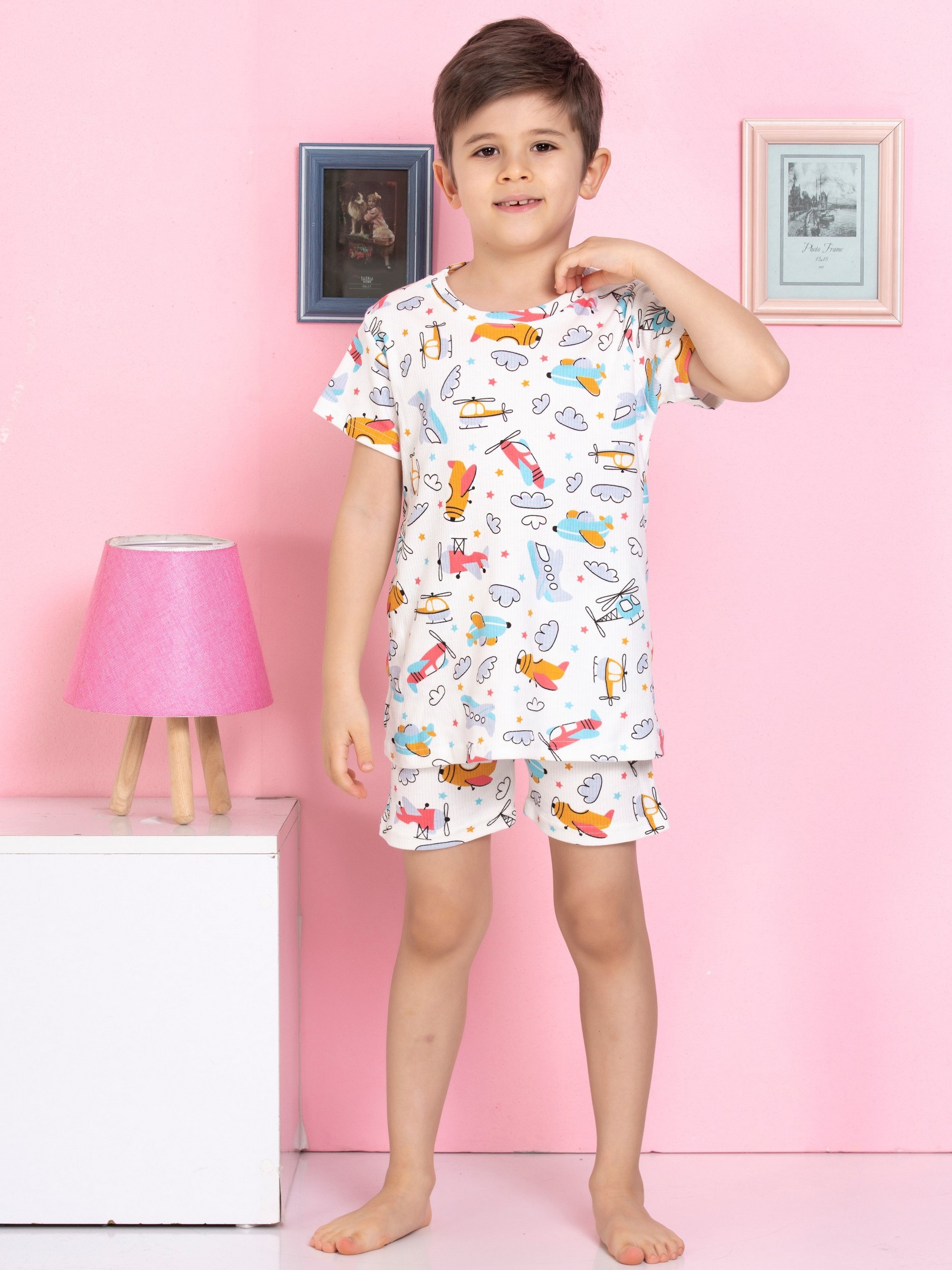 MinyKids Helikopter Desenli Fitilli Kumaş Beyaz Şortlu Pijama Takımı