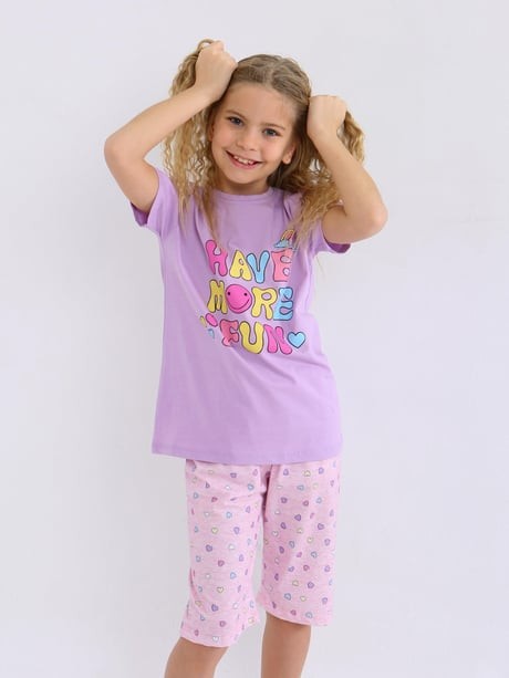 MinyKids Kalp Desen Lila Kapri %100 Pamuklu Kız Çocuk Pijama Takım