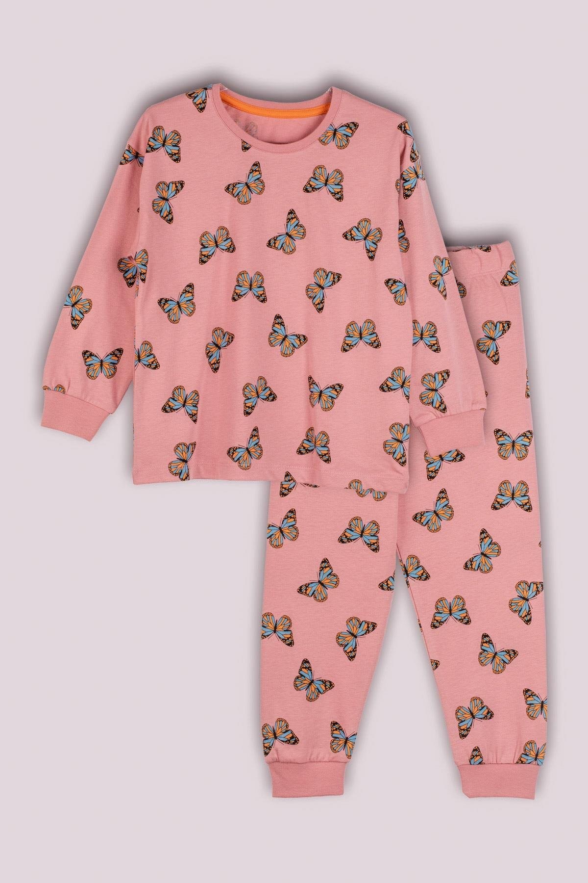 MinyKids Kelebek Desenli Pembe Çocuk Pijama Takımı