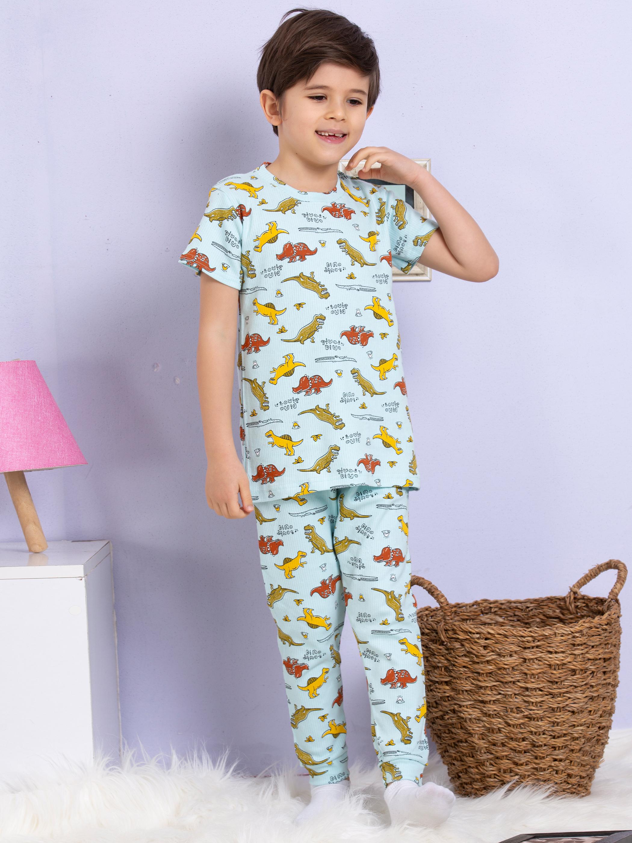 MinyKids Dinozor Desenli Fitilli Kumaş Mavi Pijama Takımı