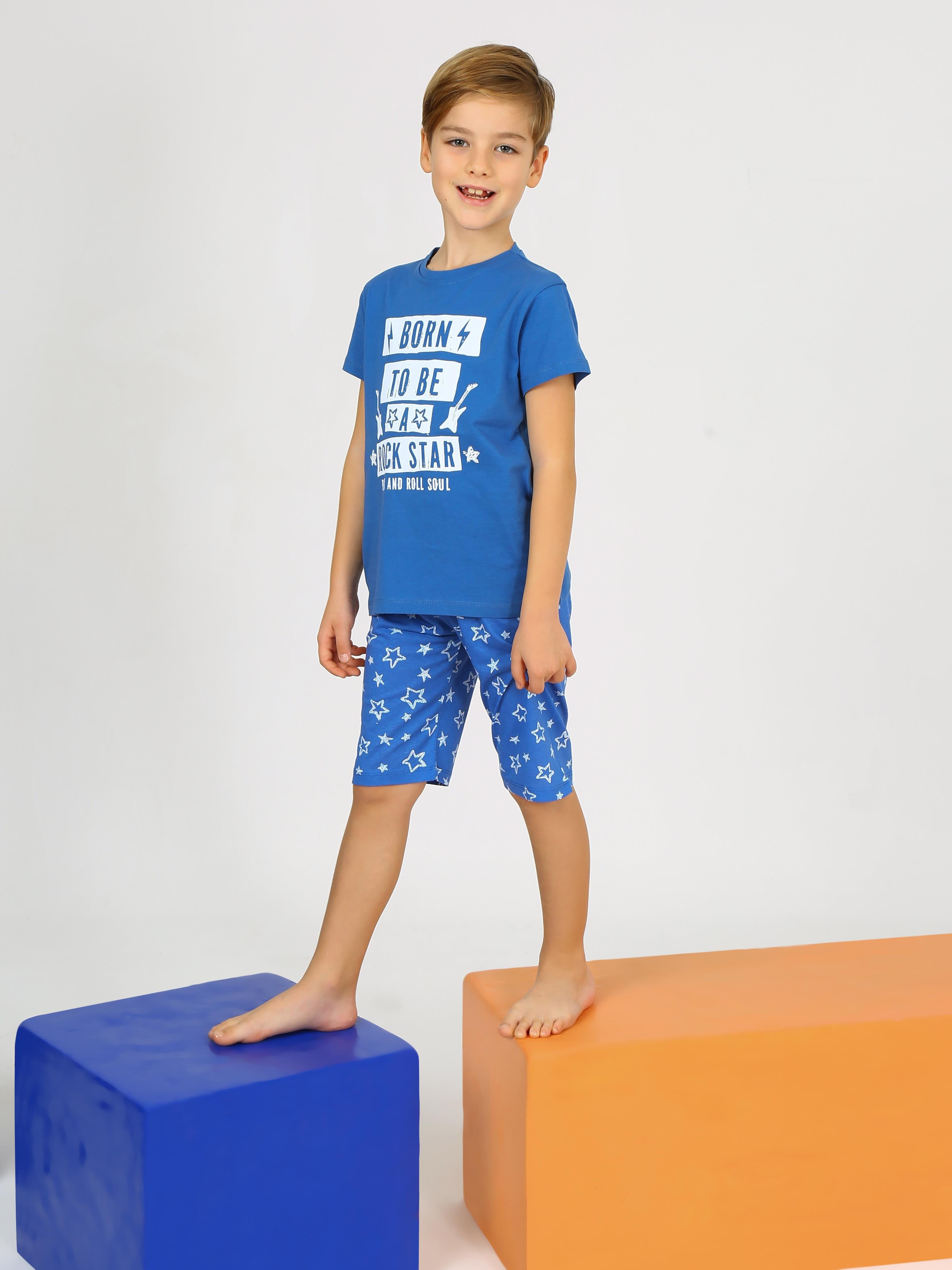 MinyKids Yıldız Desen Mavi Kapri %100 Pamuklu Erkek Çocuk Pijama Takım