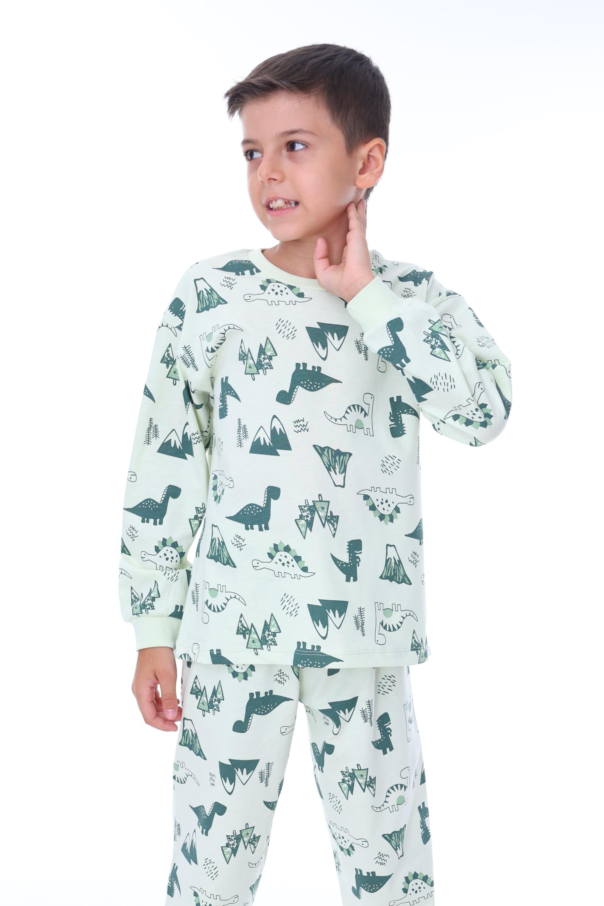 MinyKids Dinozor Desenli Yeşil Çocuk Pijama Takımı