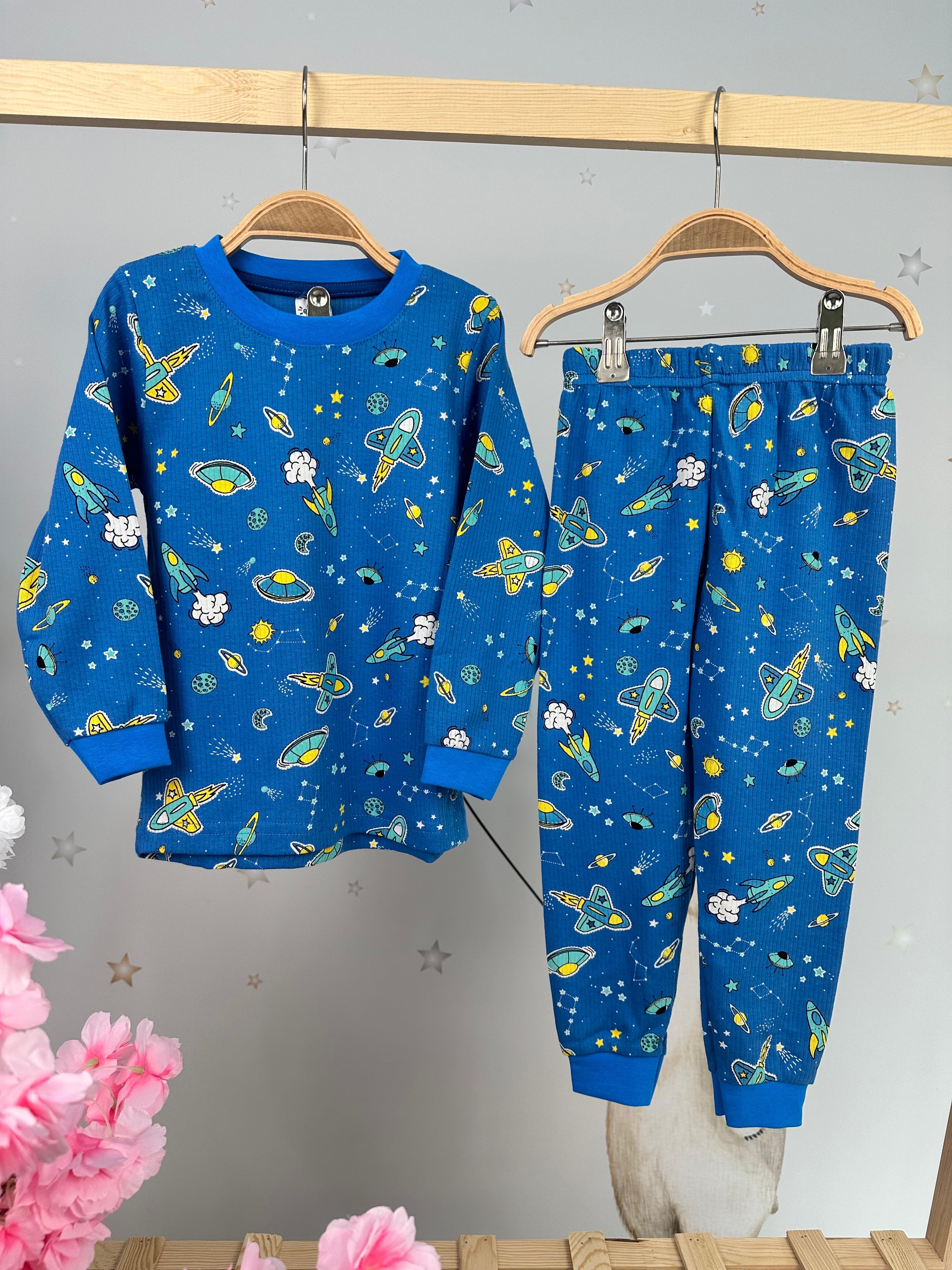 MinyKids Gezegen Desen Mavi Fitilli Erkek Çocuk Pijama Takım