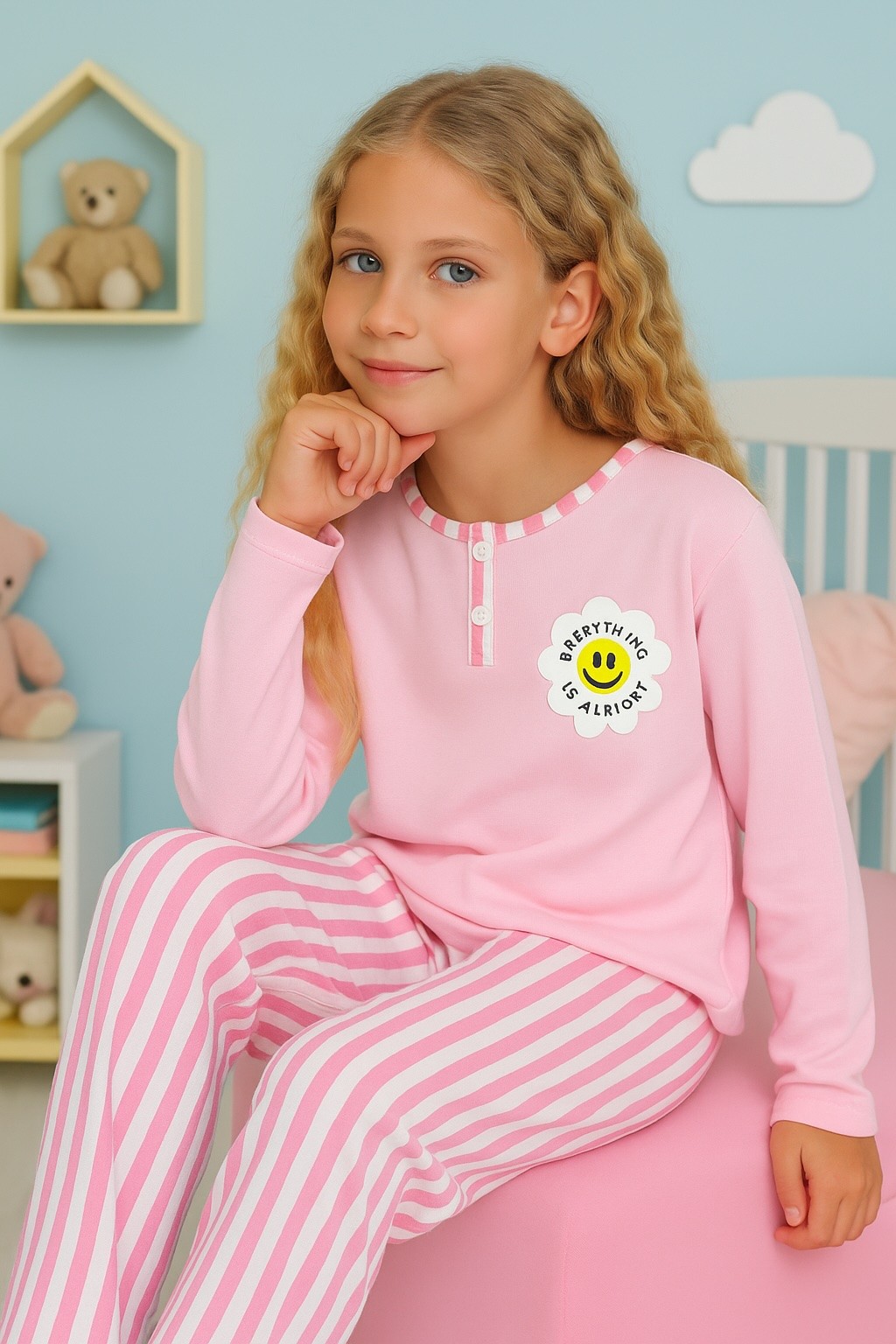 MinyKids Çizgili Düğme Detaylı %100 Pamuk Pembe Kız Çocuk Pijama Takım