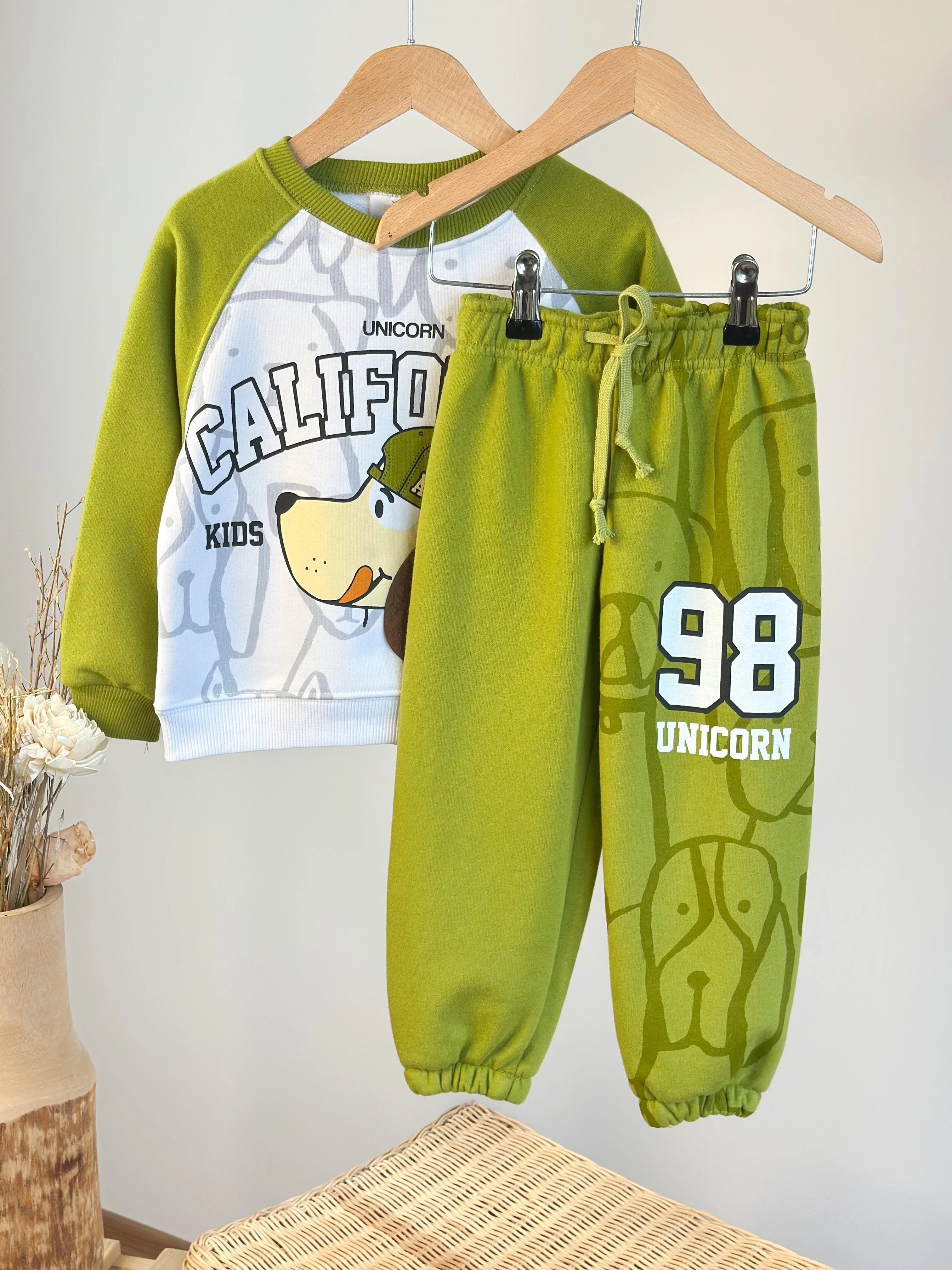 Sevimli Köpek Desen Kulak Detaylı Yeşil 3 İplik %100 Pamuk Erkek Çocuk Alt Üst Takım
