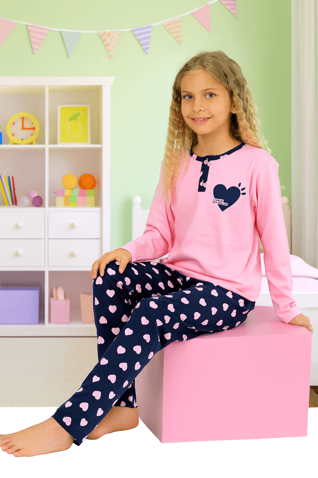 Kalp Desen Düğme Detaylı %100 Pamuk Pembe Kız Çocuk Pijama Takım