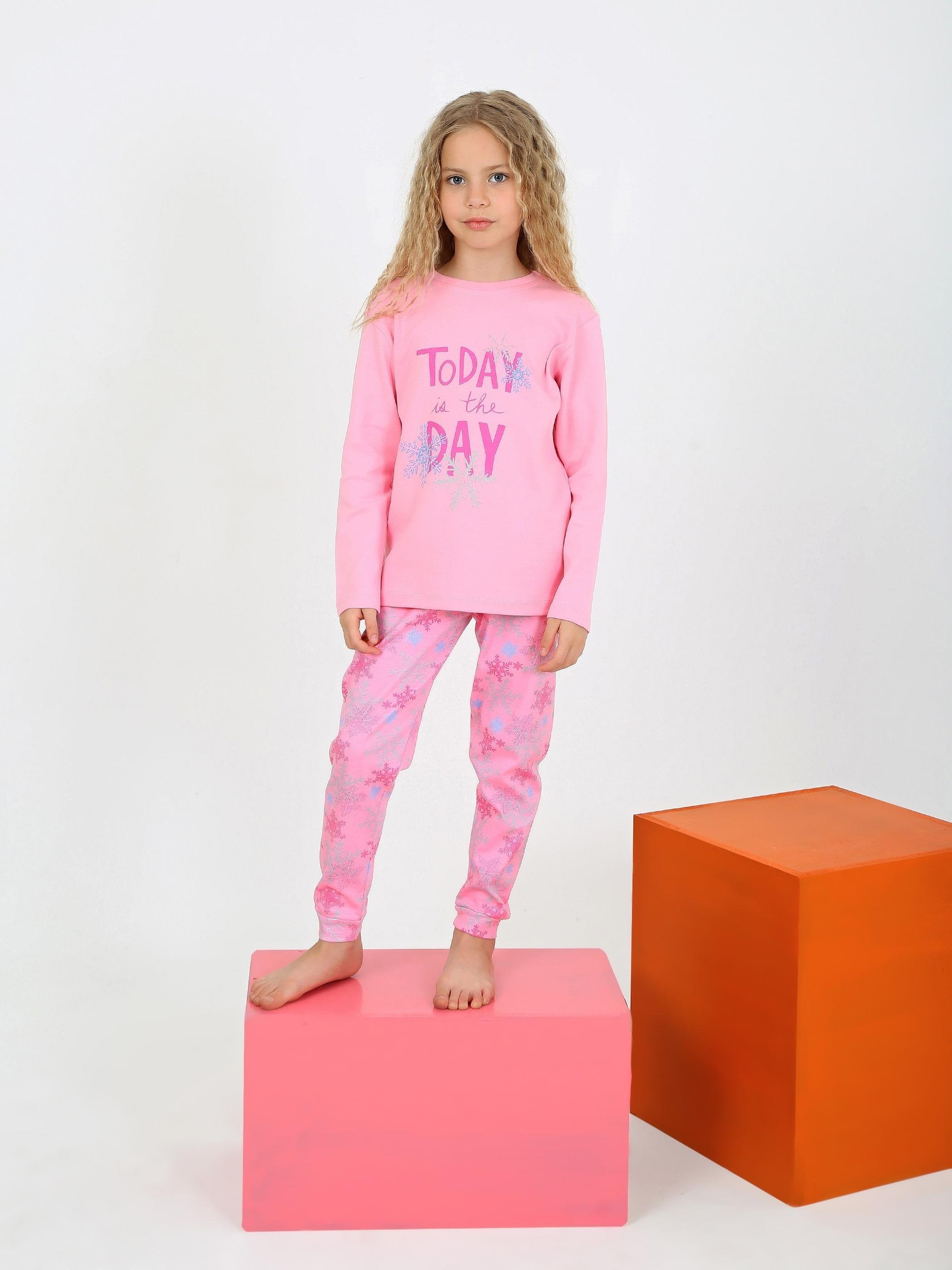 MinyKids Kar Tanesi Desen Pembe Kız Çocuk Pijama Takım