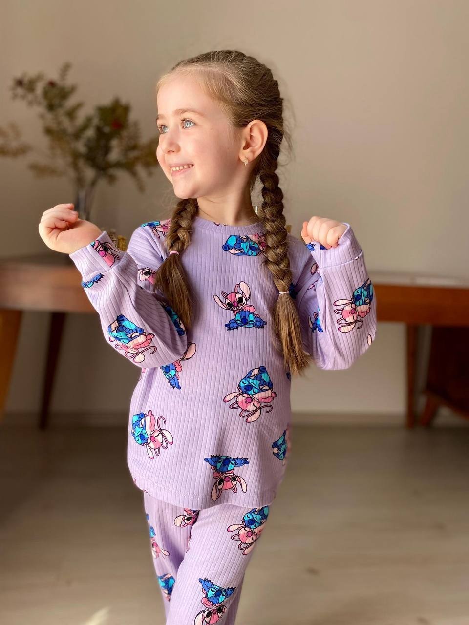 MinyKids Lila Stitch Desen Fitilli Kız Çocuk Pijama Takım