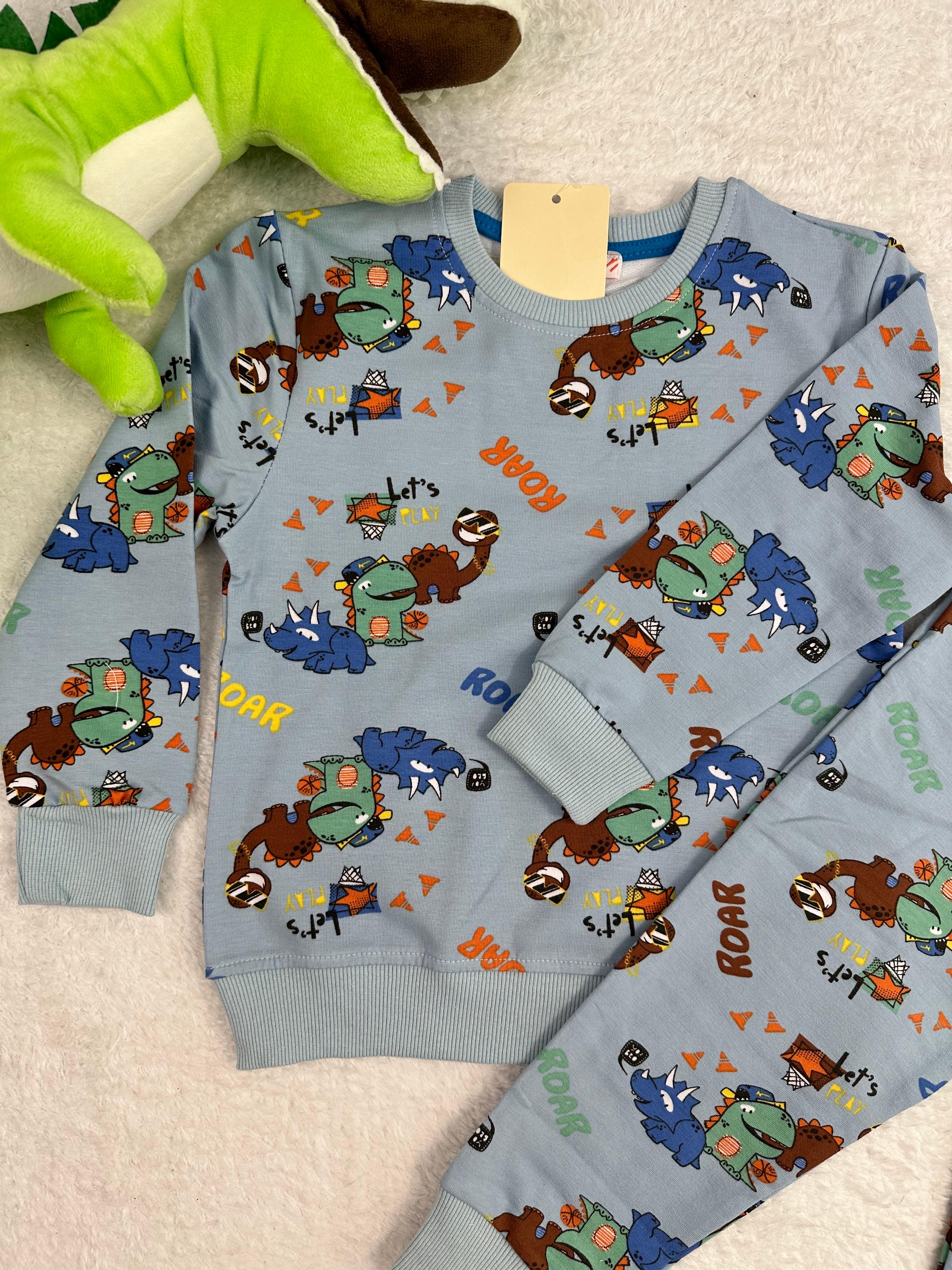 MinyKids Dinozor Desen Cepli 3İplik Mavi Erkek Çocuk Pijama Takım