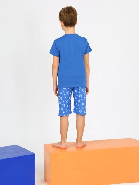 MinyKids Yıldız Desen Mavi Kapri %100 Pamuklu Erkek Çocuk Pijama Takım