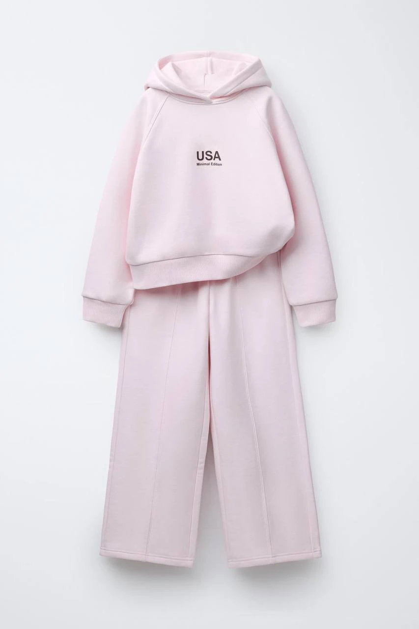 Kapüşonlu Pembe Sweatshirt ve Geniş Paça Eşofman Takım %100 Pamuk 5-14 Yaş