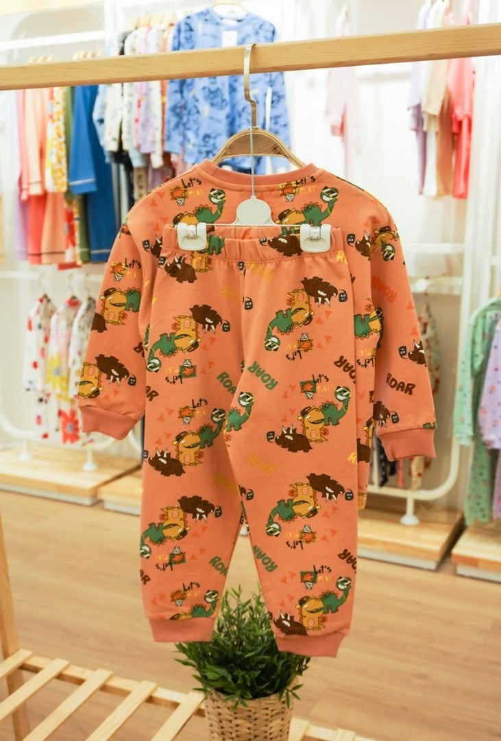 MinyKids Dinozor Desen İki İplik Kiremit Renk Erkek Çocuk Pijama Takım