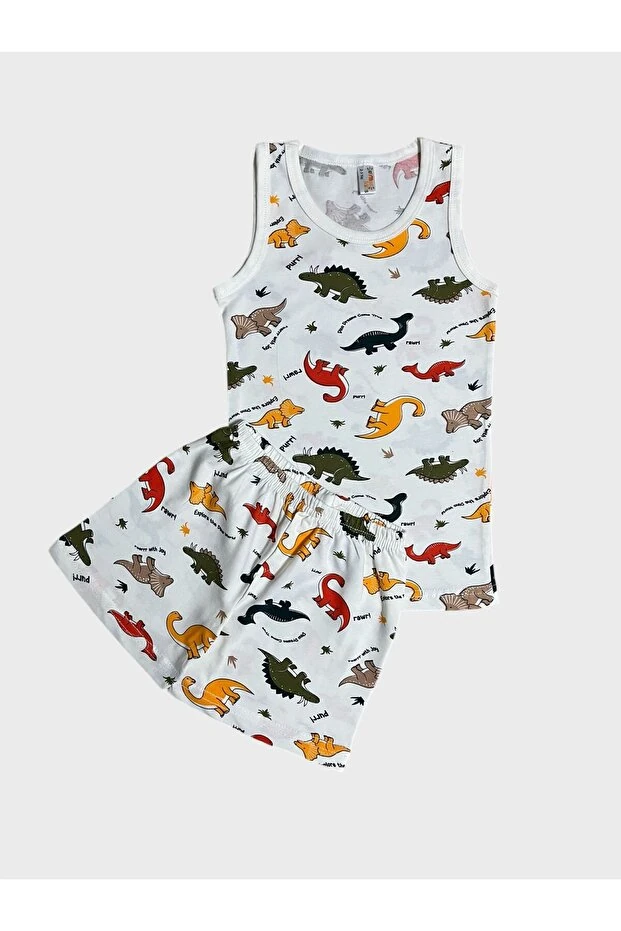 Beyaz Dinozor Desen Erkek Çocuk Atlet Boxer Takım