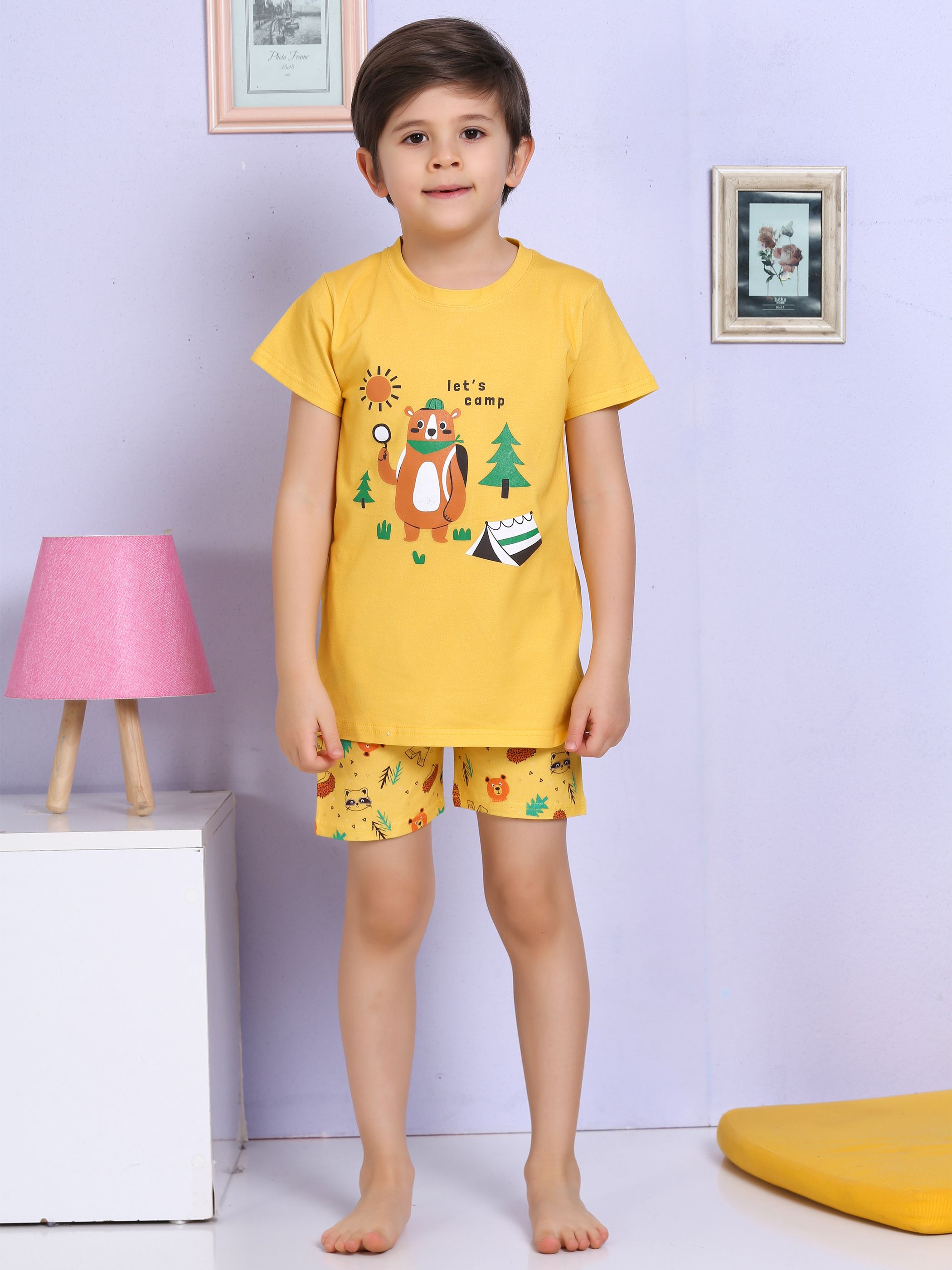 MinyKids Ayıcık Desenli Şortlu Sarı Pijama Takımı