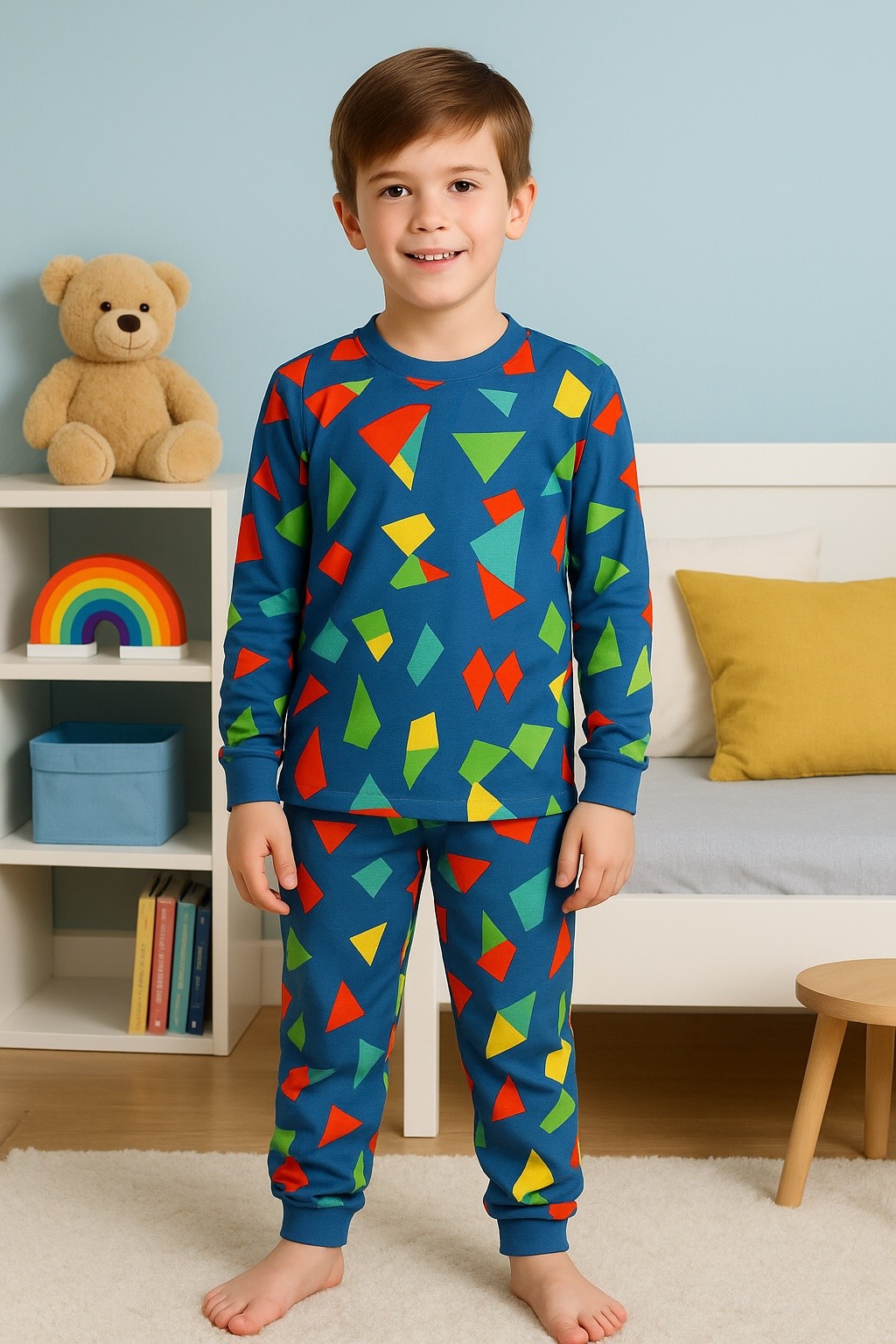 MinyKids Geometrik Desen %100 Pamuk Petrol Mavi Erkek Çocuk Pijama Takım