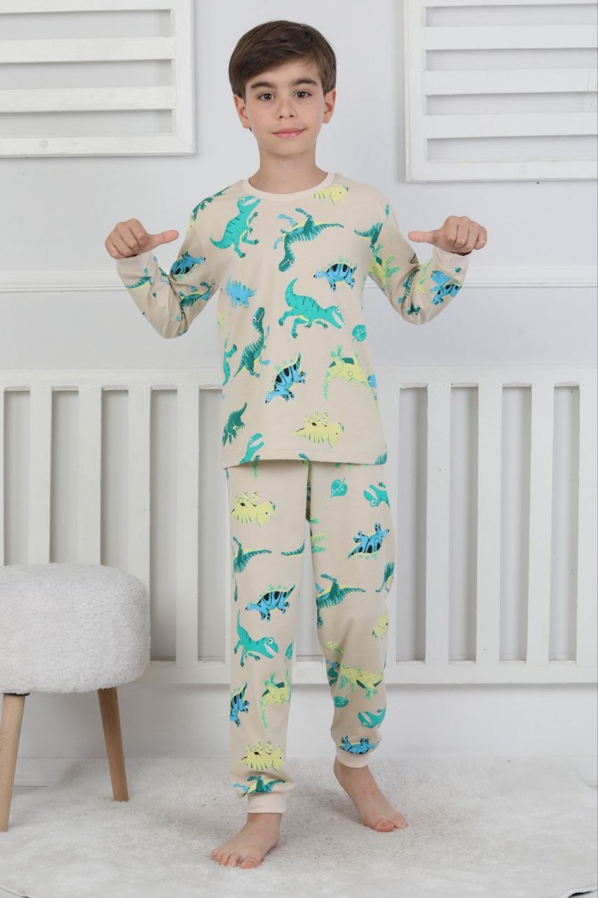 MinyKids Dinozor Desen %100 Pamuk Krem Erkek Çocuk Pijama Takım