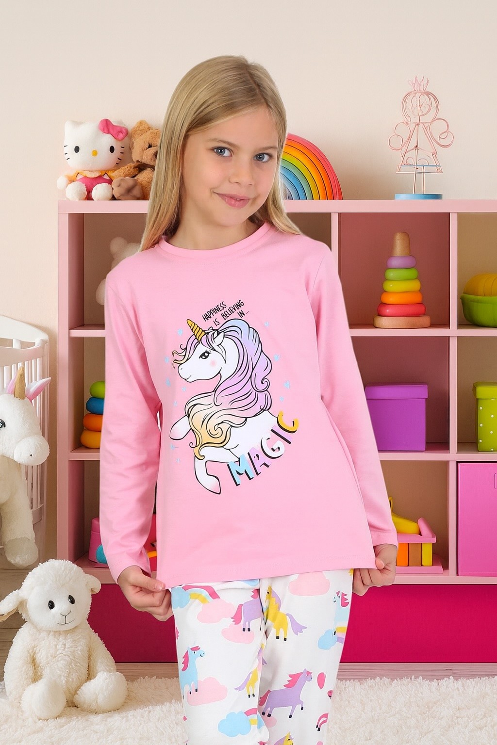 MinyKids Unicorn Desen %100 Pamuk Pembe Kız Çocuk Pijama Takım