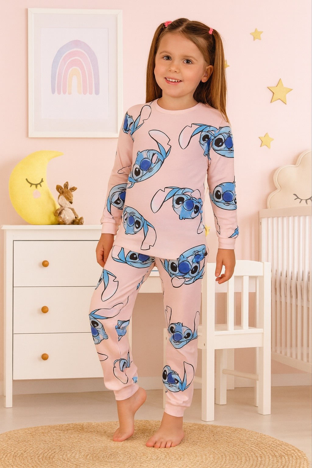 MinyKids Stitch Desen %100 Pamuklu Pudra Pembe Kız Çocuk Pijama Takım