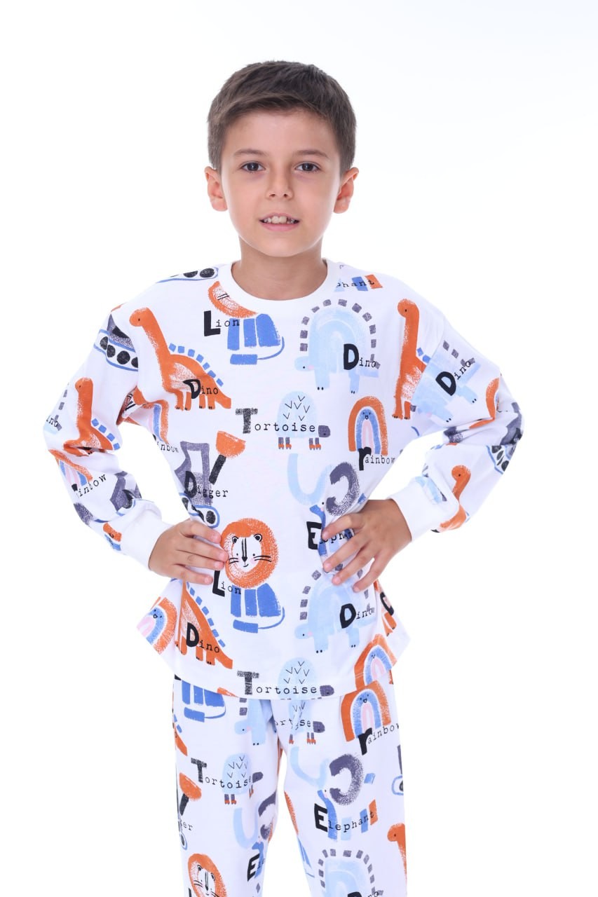 MinyKids Dinozor Desen Beyaz Erkek Çocuk Pijama Takım