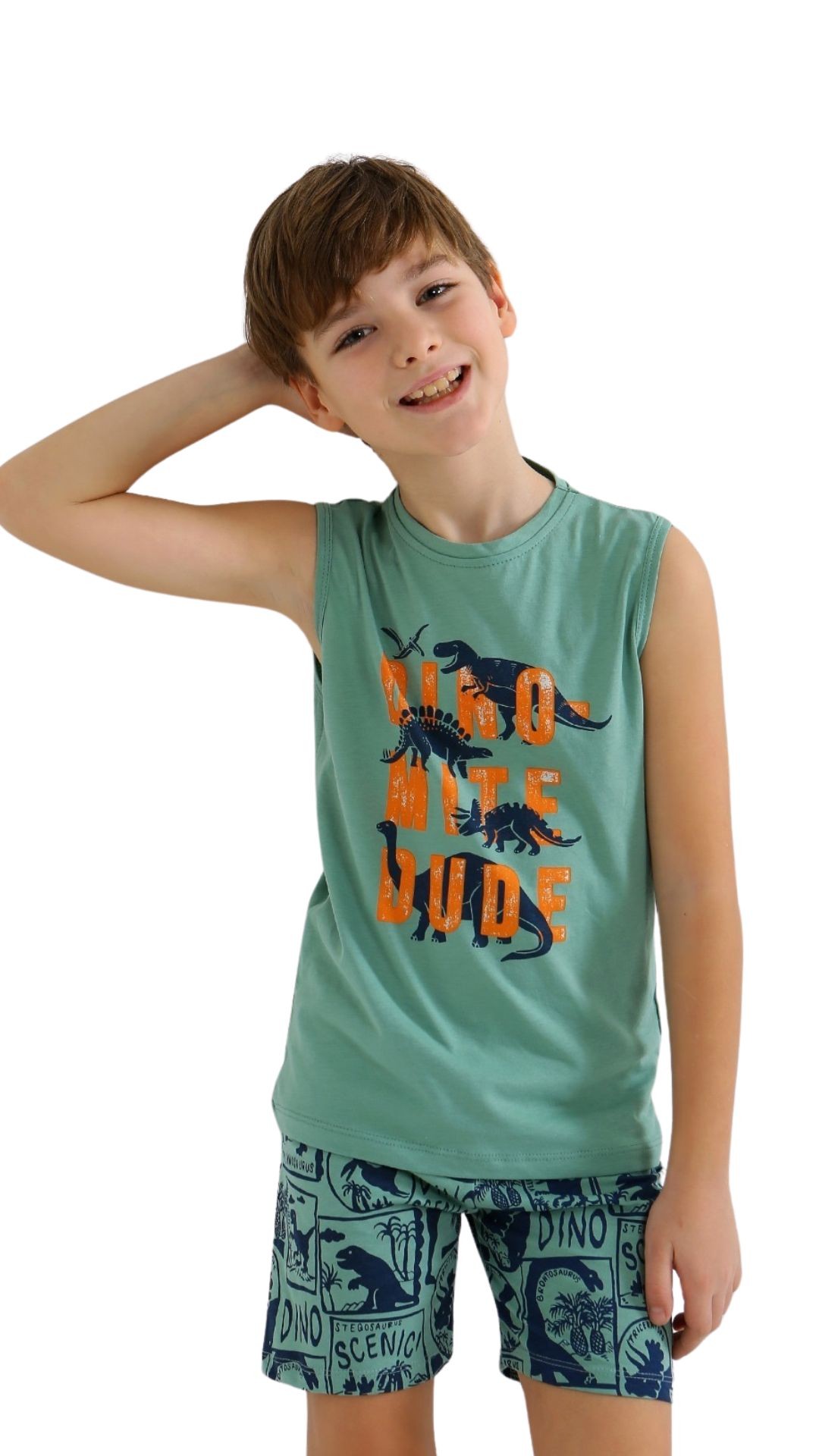 MinyKids Dinozor Desen Yeşil Askılı Şortlu %100 Pamuklu Erkek Çocuk Pijama Takım