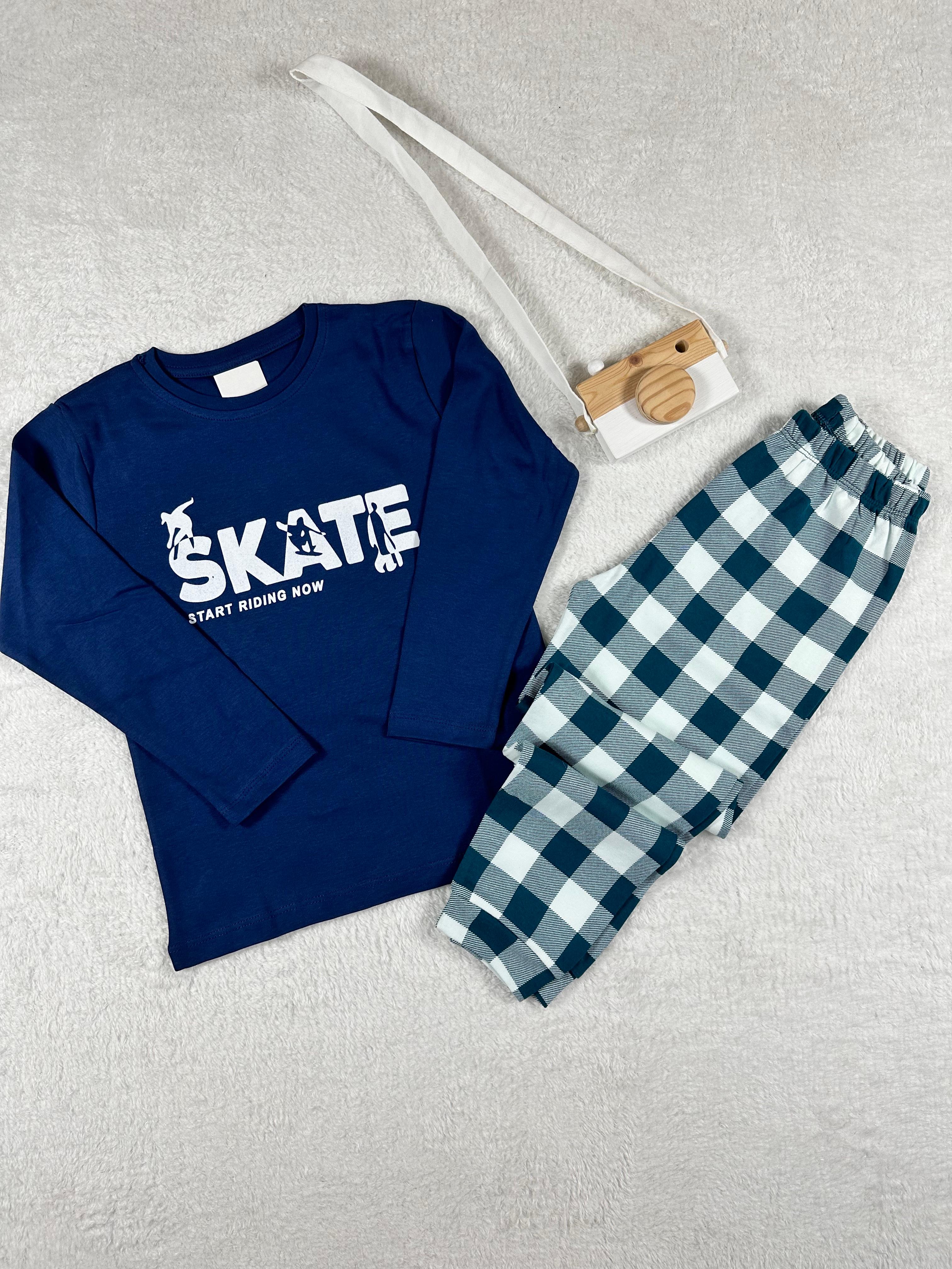 MinyKids Star Skate Lacivert-Yeşil %100 Pamuklu Erkek Çocuk Pijama Takım