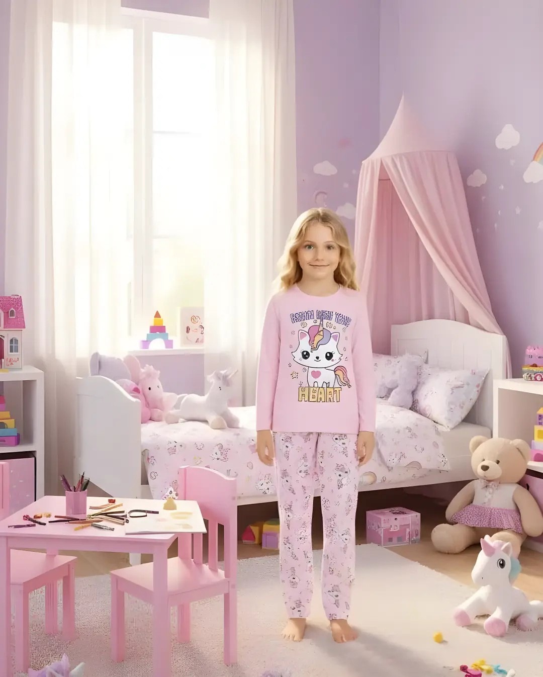 Unicorn Kedi Desen %100 Pamuk Açık Pembe Kız Çocuk Pijama Takım