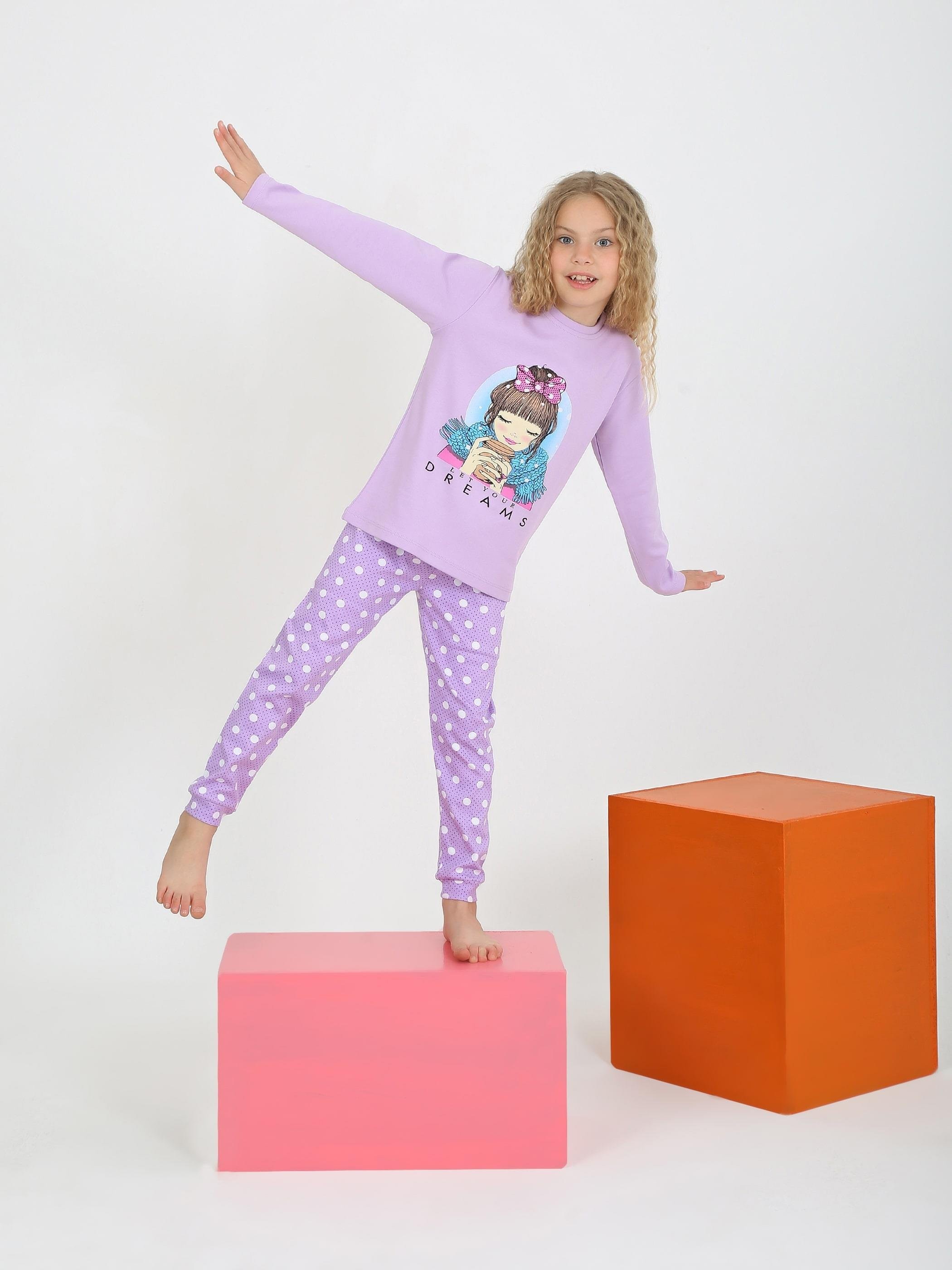 MinyKids Puantiye Desen Lila Kız Çocuk Pijama Takım