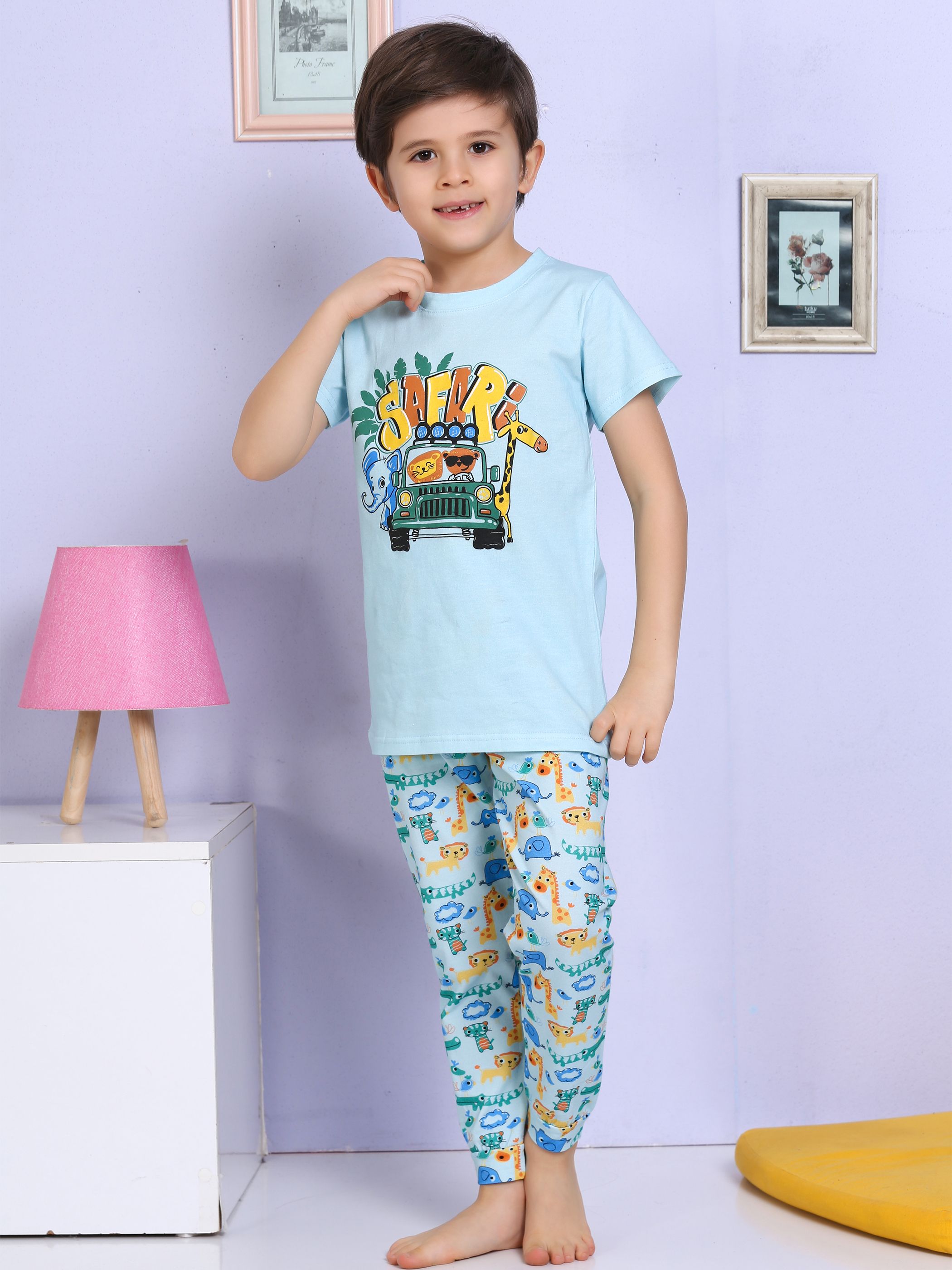 MinyKids Safari Desenli Turkuaz Pijama Takımı