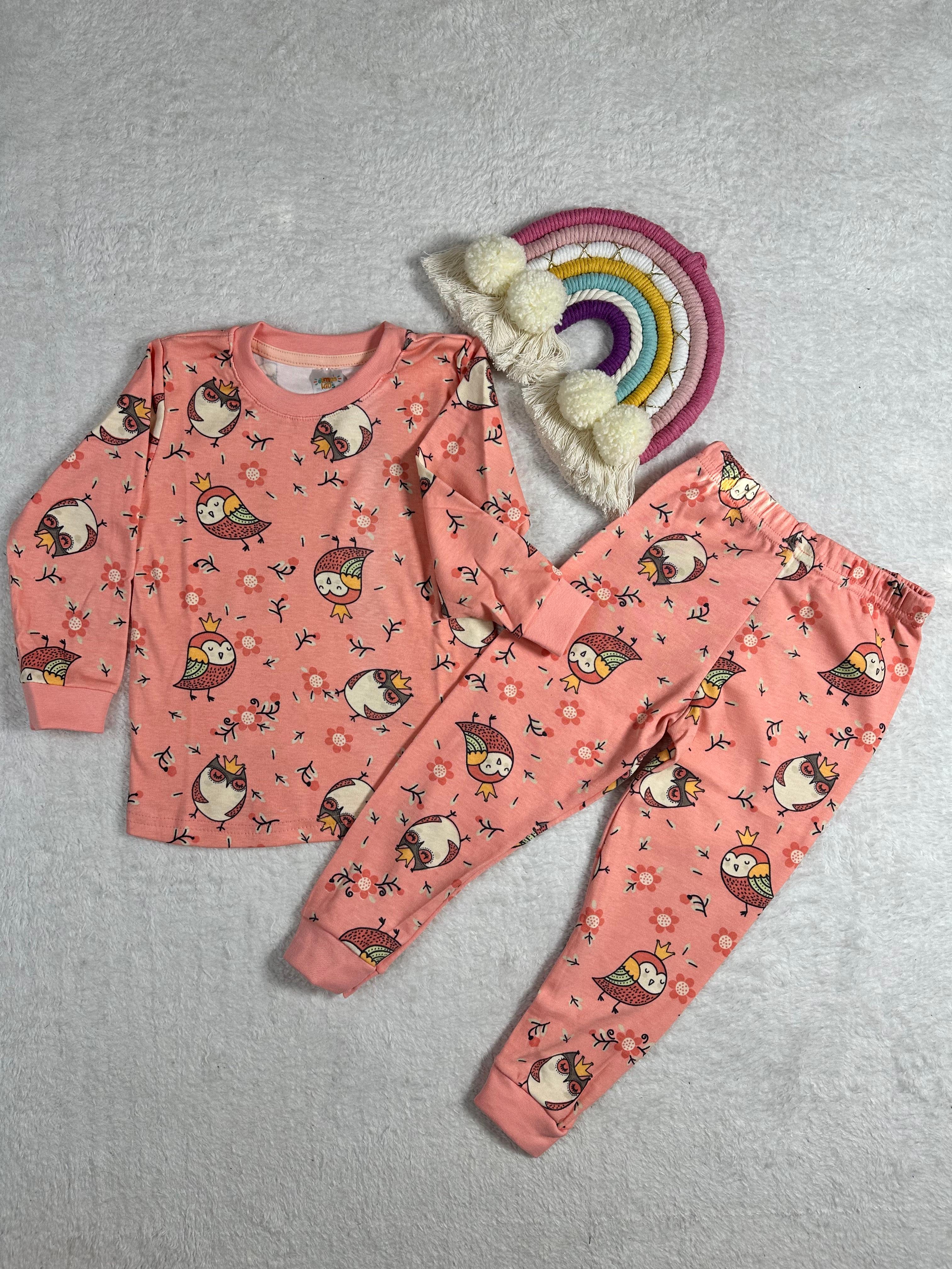 MinyKids Baykuş Desen Somon Renk Kız Çocuk Pijama Takım