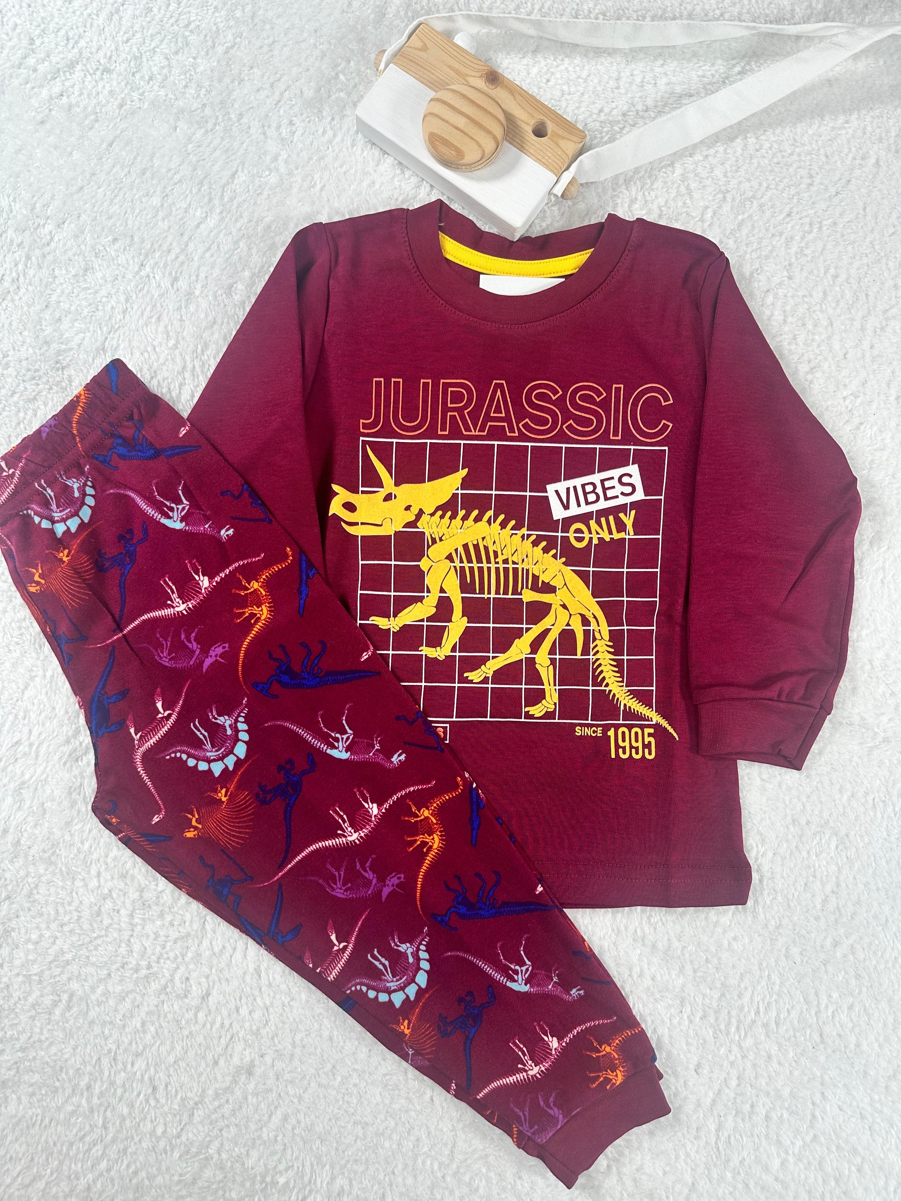 MinyKids Dinozor Desen Bordo Erkek Çocuk Pijama Takım