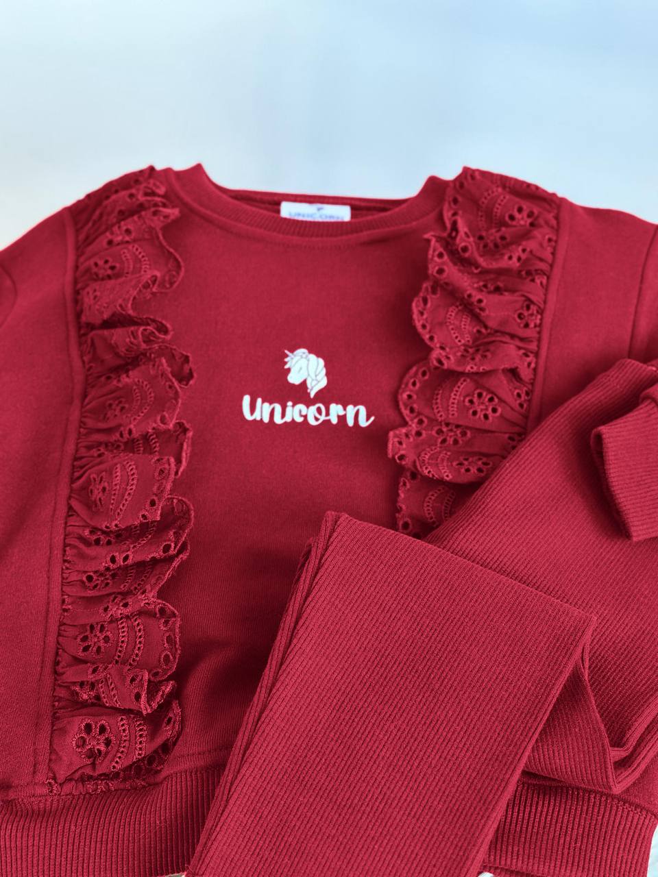 Unicorn Desen Bordo 3 İplik %100 Pamuk Kız Çocuk Alt Üst Takım