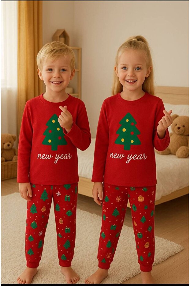 Yılbaşı Desen Kırmızı Erkek Çocuk Pijama Takım