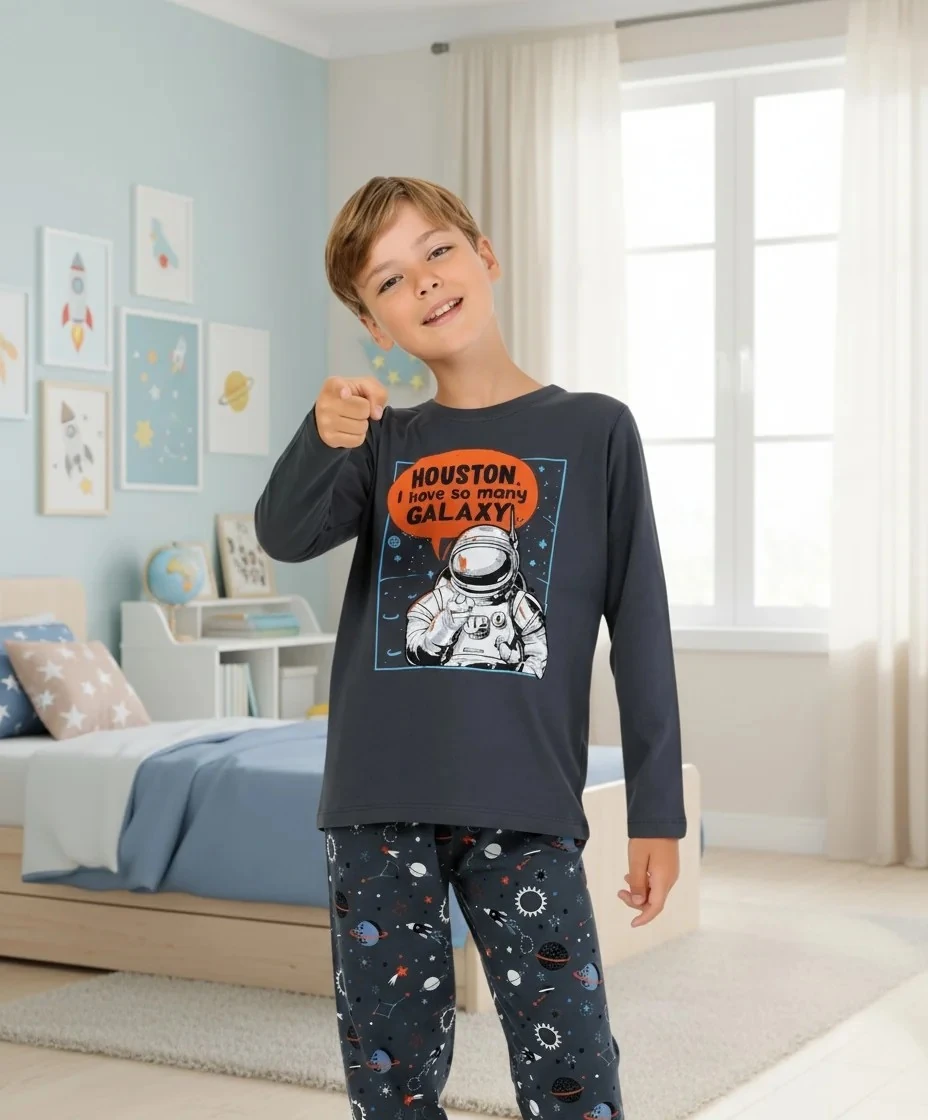 Astronot Desen Füme %100 Pamuk Erkek Çocuk Pijama Takım