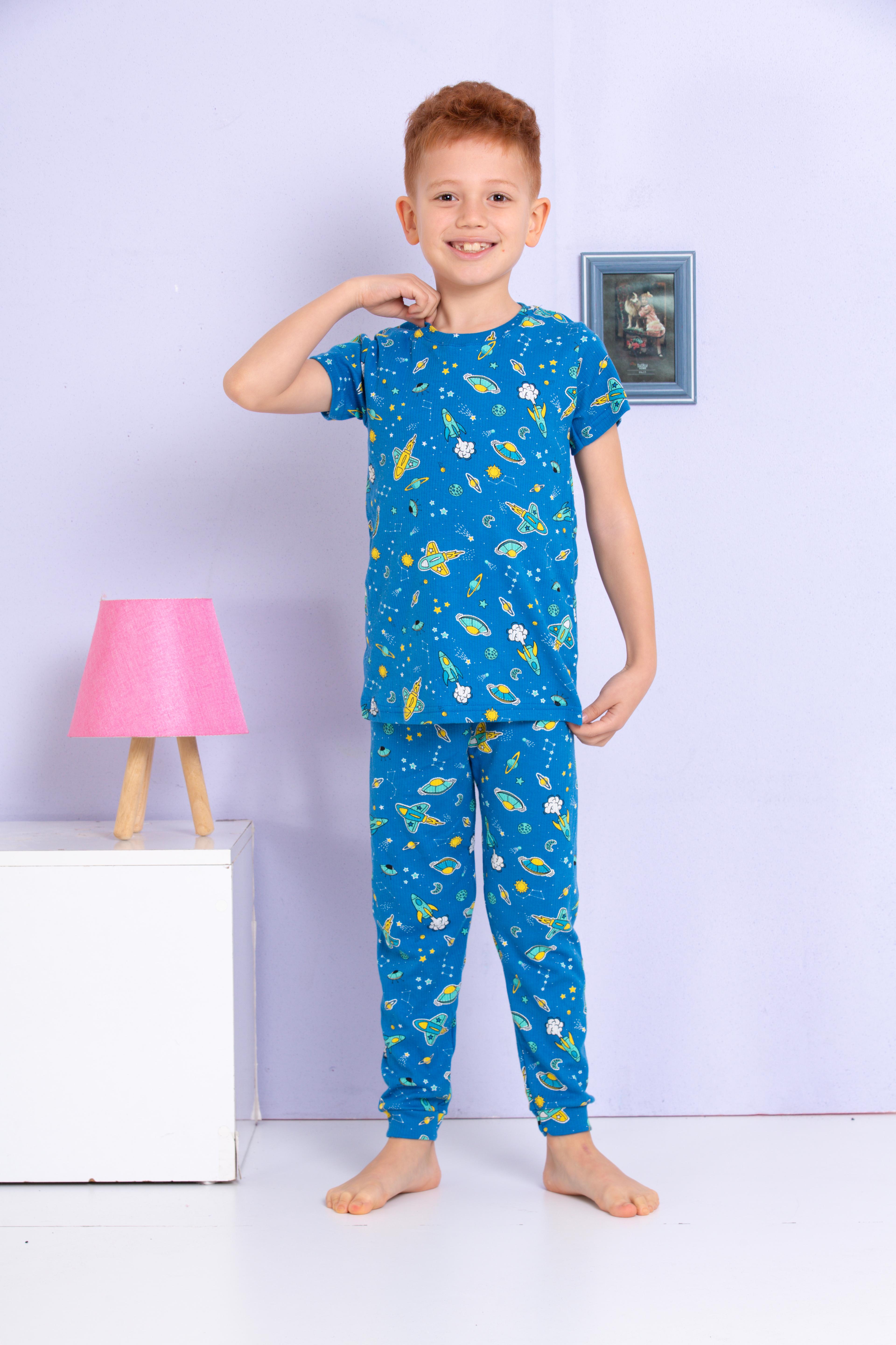 MinyKids Uzay Desenli Fitilli Kumaş Mavi Pijama Takımı