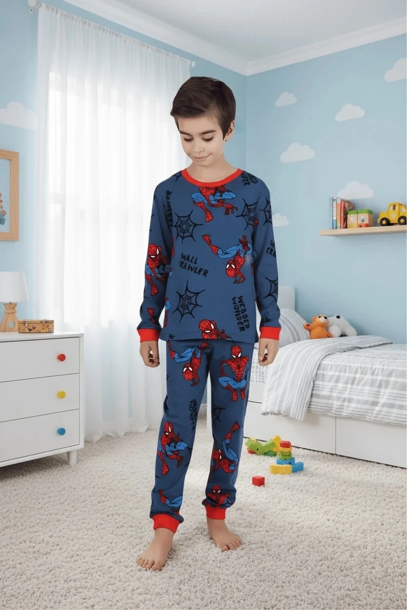 Spiderman Desen %100 Pamuk Lacivert-Kırmızı Erkek Çocuk Pijama Takım