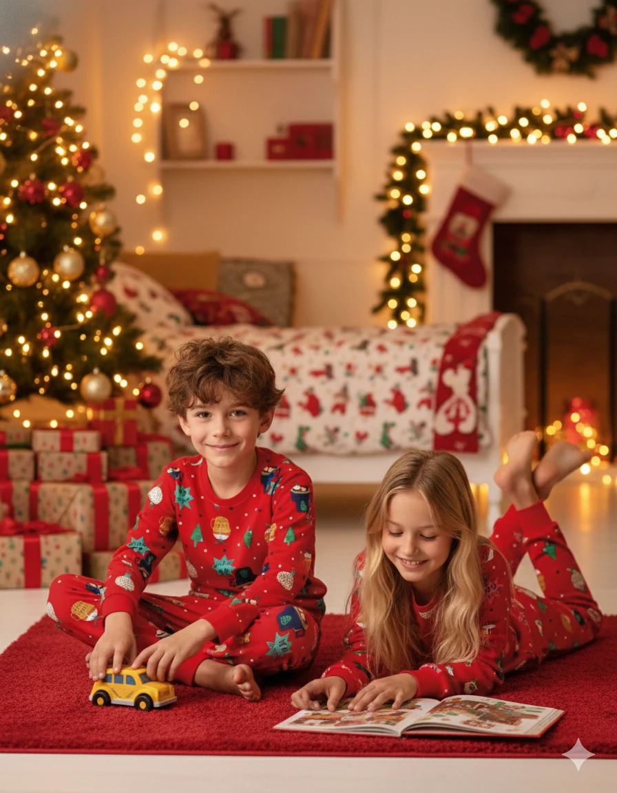 Yılbaşı Desen Kırmızı Unisex 1-13 Yaş Çocuk Pijama Takım