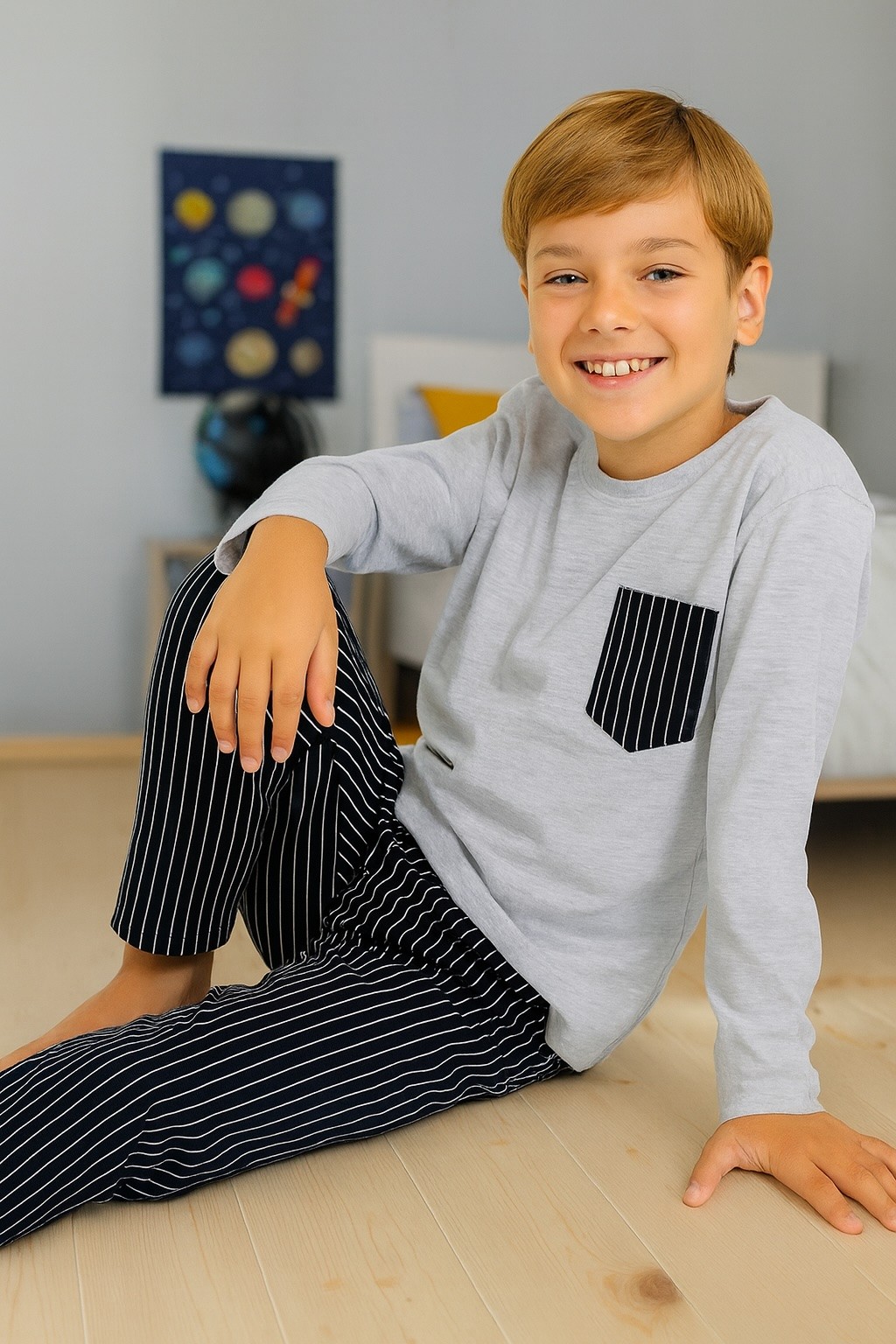 MinyKids Çizgili Cep ve Düğme Detaylı Gri %100 Pamuk Erkek Çocuk Pijama Takım