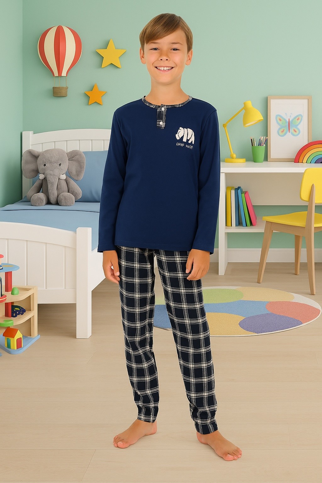 MinyKids Everest Lacivert Düğme Detaylı %100 Pamuk Erkek Çocuk Pijama Takım