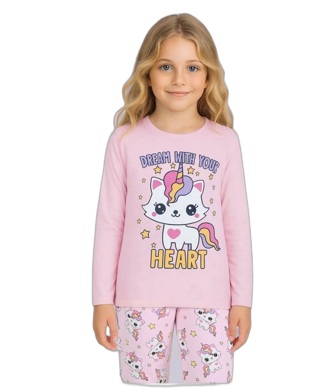 Unicorn Kedi Desen %100 Pamuk Açık Pembe Kız Çocuk Pijama Takım